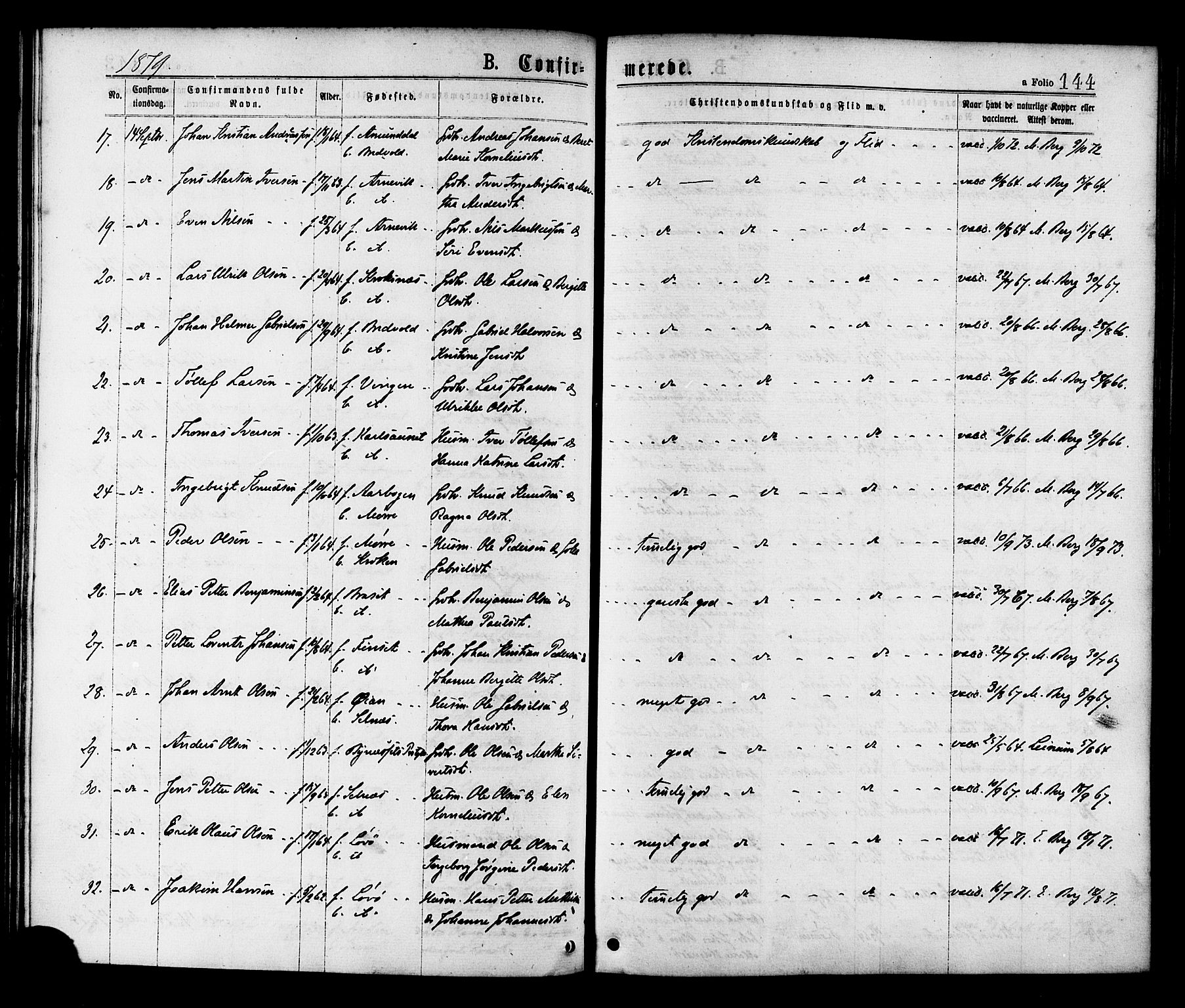 Ministerialprotokoller, klokkerbøker og fødselsregistre - Sør-Trøndelag, SAT/A-1456/655/L0679: Parish register (official) no. 655A08, 1873-1879, p. 144