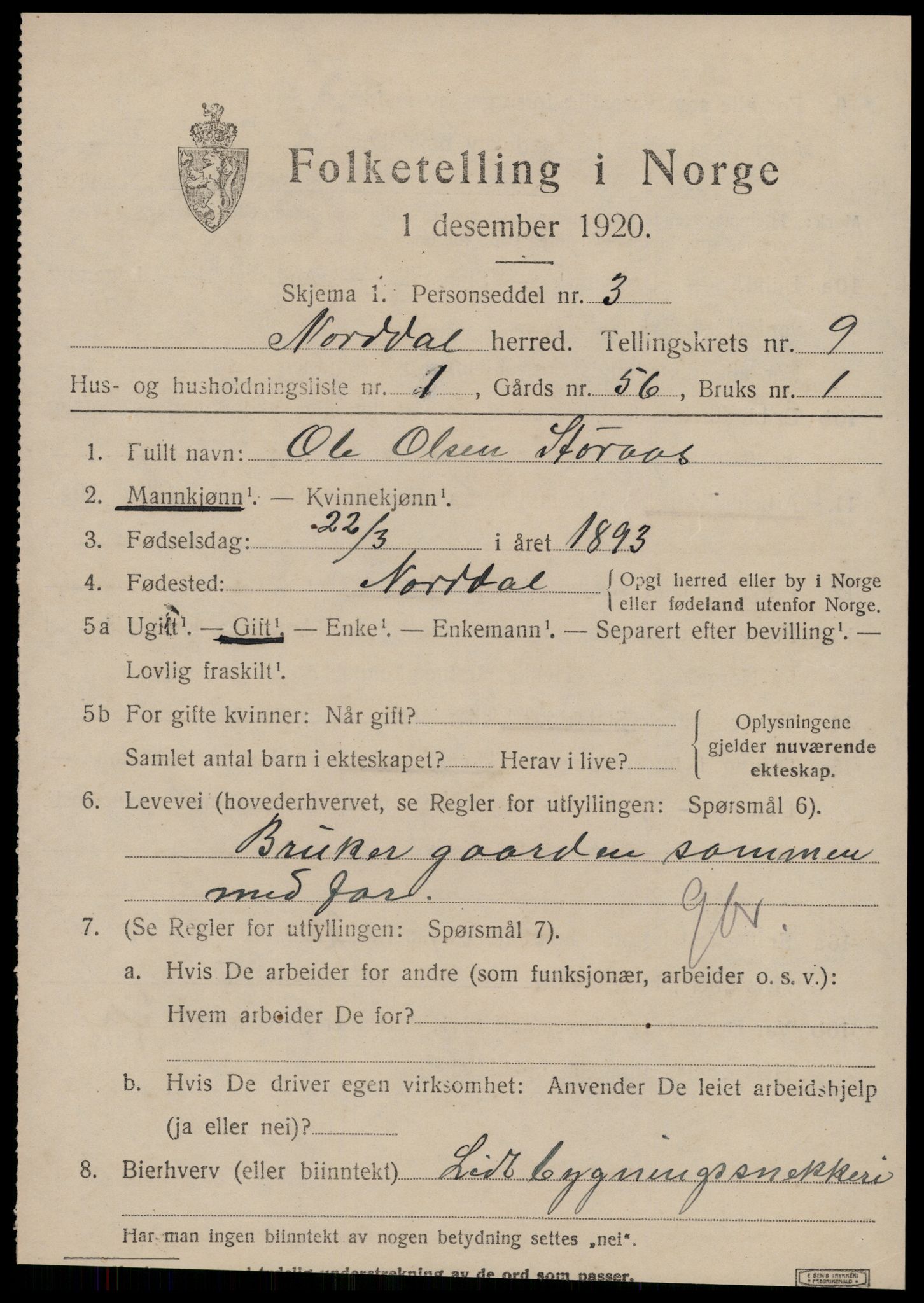 SAT, 1920 census for Norddal, 1920, p. 4793