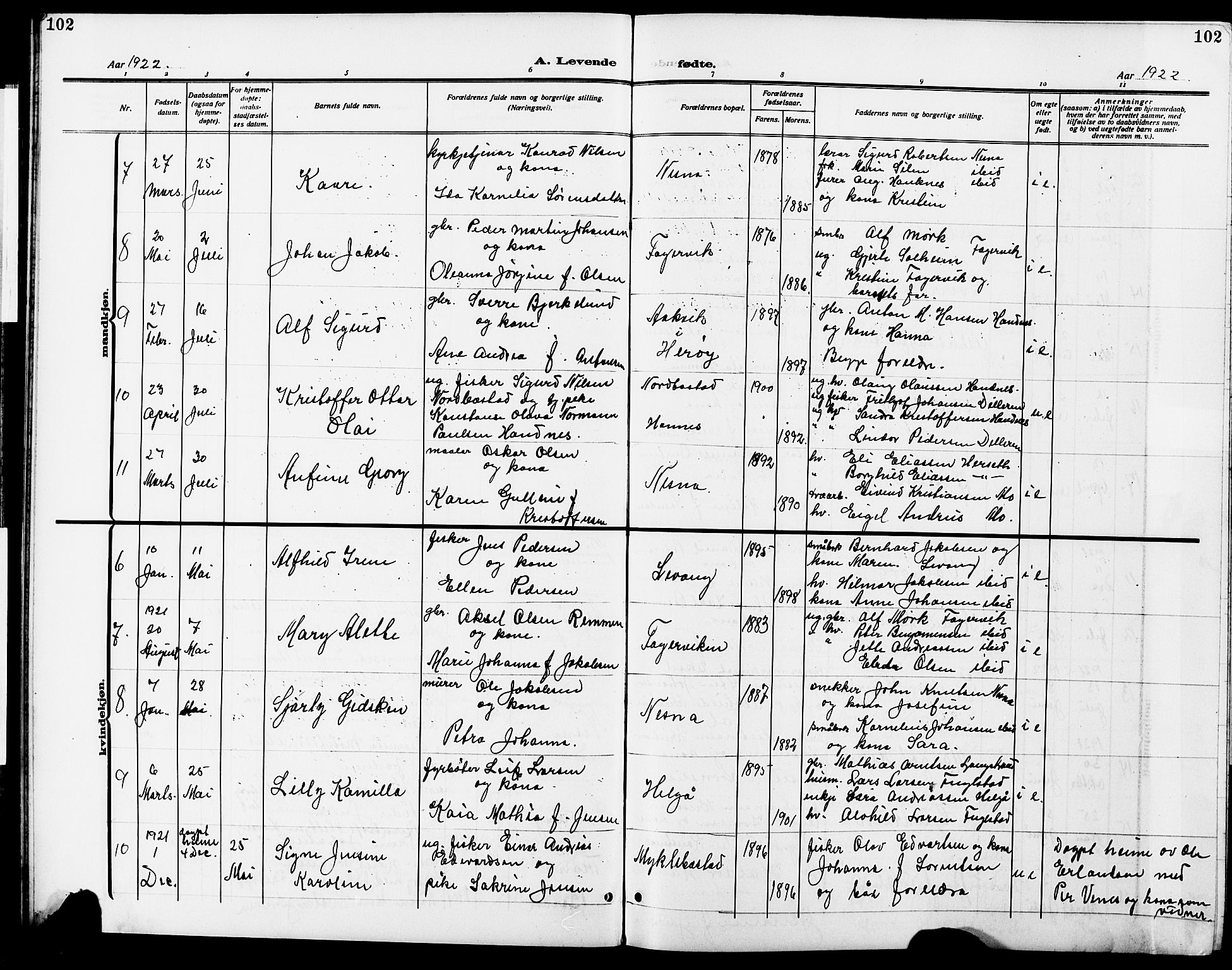 Ministerialprotokoller, klokkerbøker og fødselsregistre - Nordland, AV/SAT-A-1459/838/L0560: Parish register (copy) no. 838C07, 1910-1928, p. 102