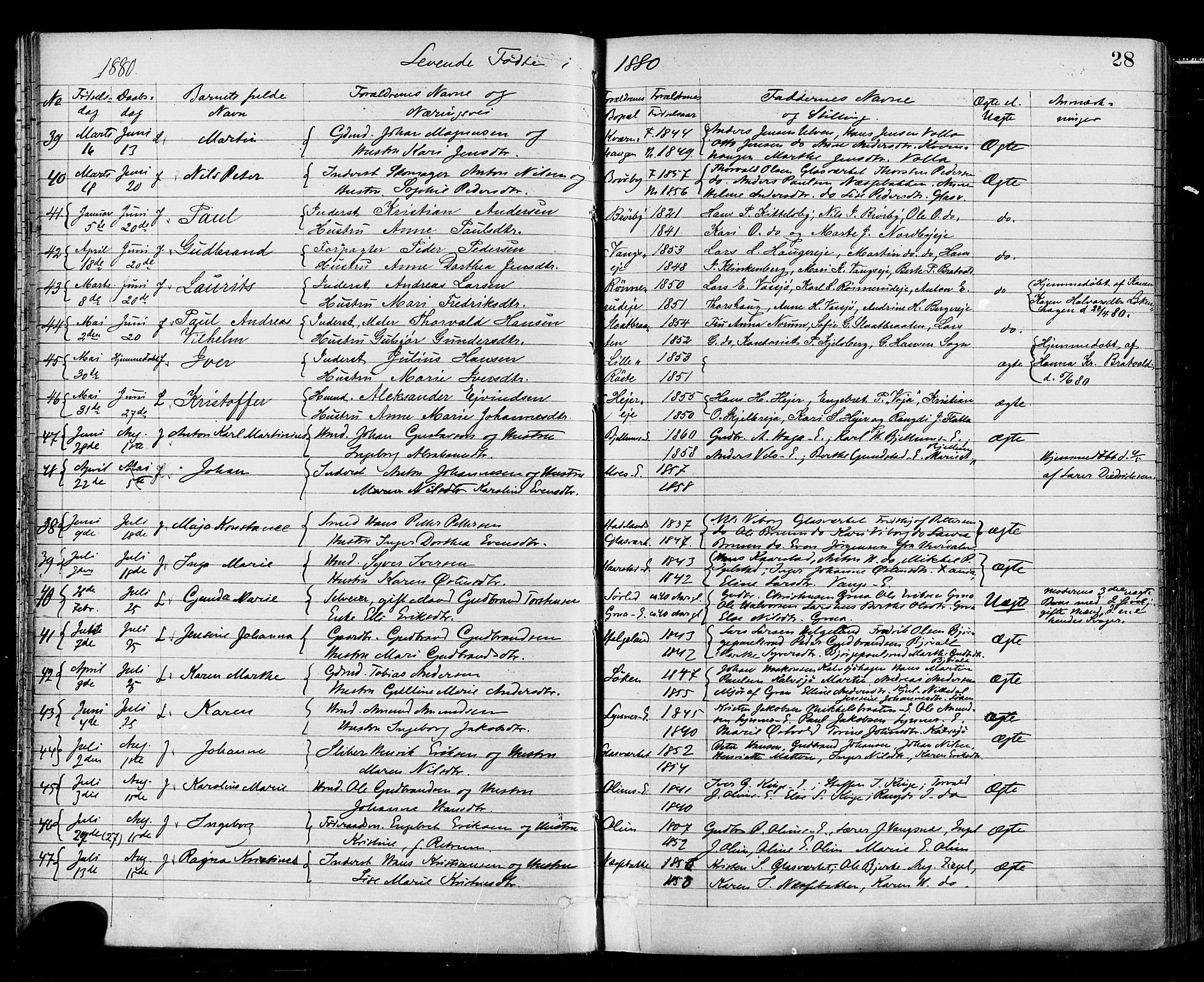 Jevnaker prestekontor, SAH/PREST-116/H/Ha/Haa/L0008: Parish register (official) no. 8, 1877-1890, p. 28