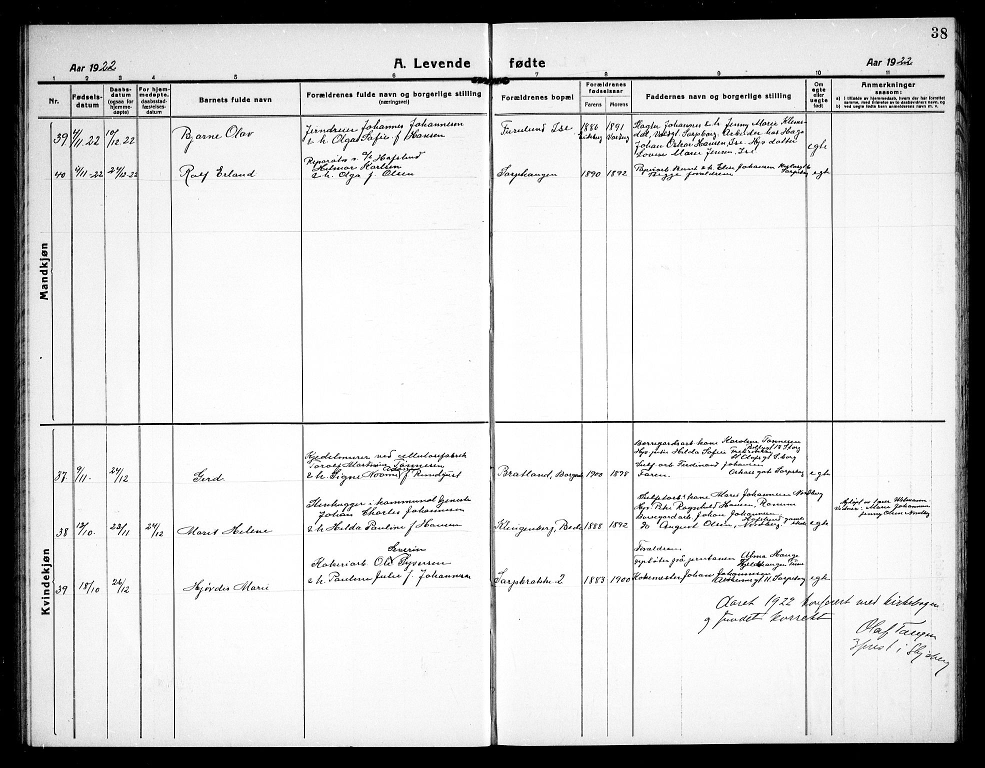 Skjeberg prestekontor Kirkebøker, AV/SAO-A-10923/G/Gd/L0002: Parish register (copy) no. IV 2, 1917-1931, p. 38