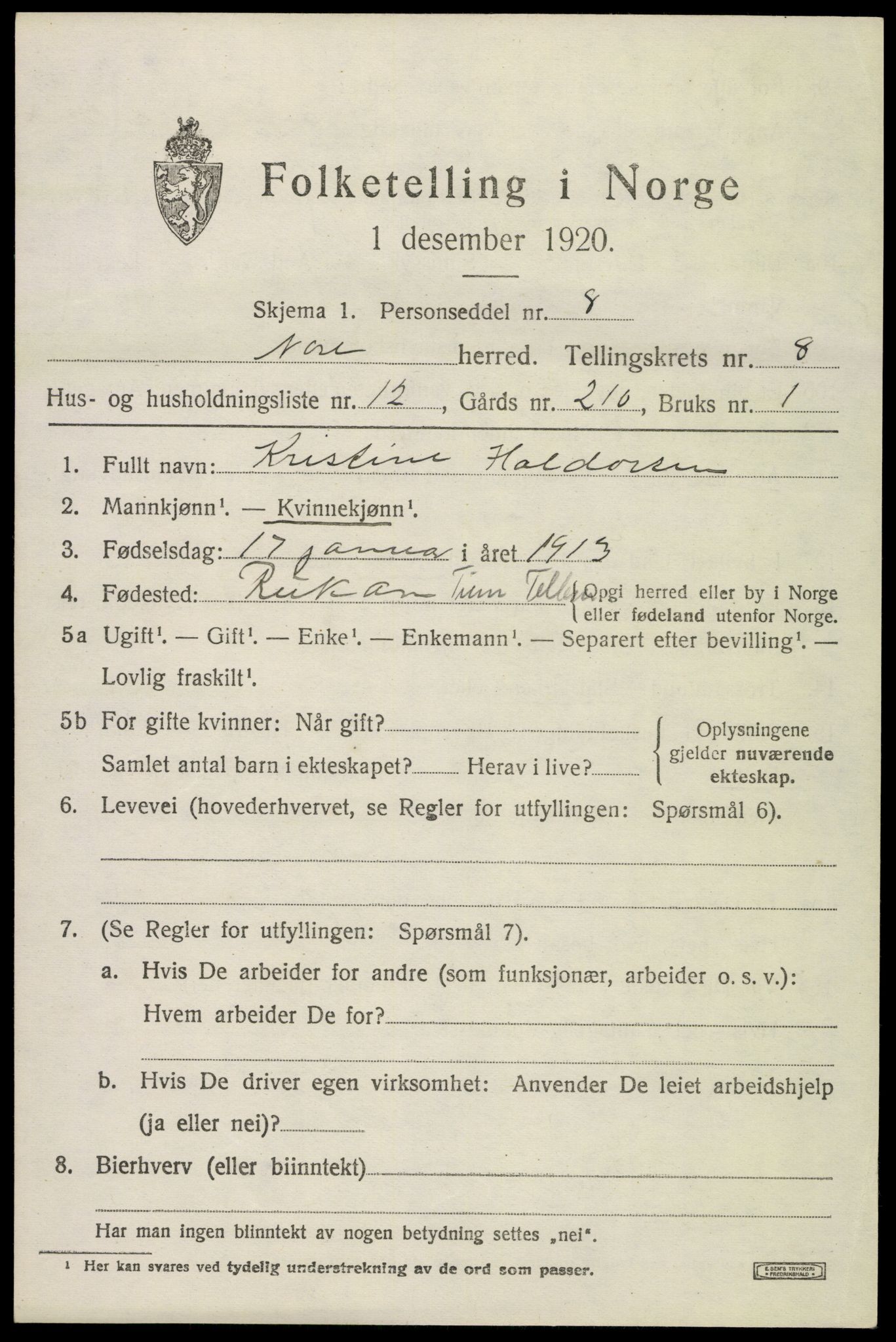 SAKO, 1920 census for Nore, 1920, p. 4176