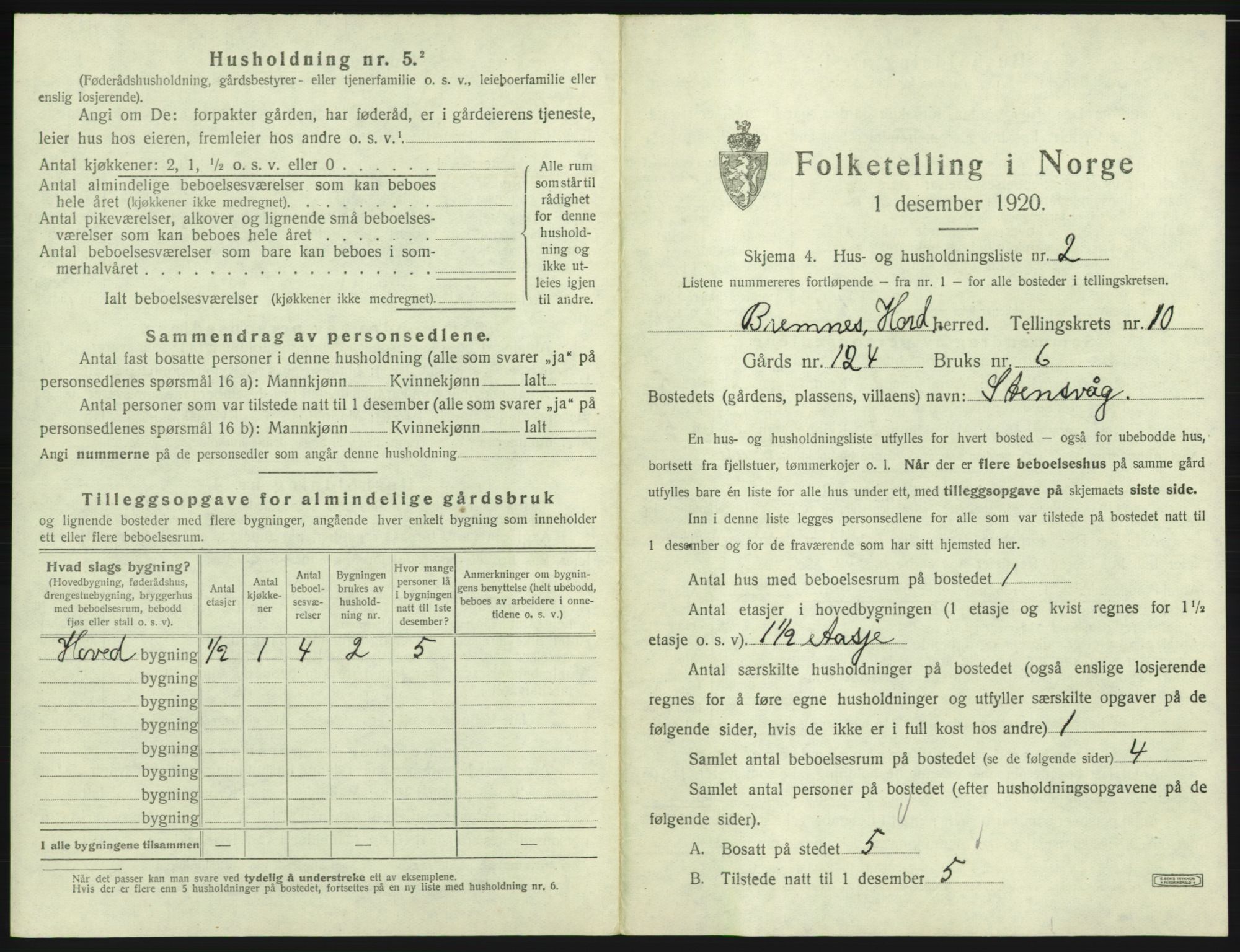 SAB, 1920 census for Bremnes, 1920, p. 820