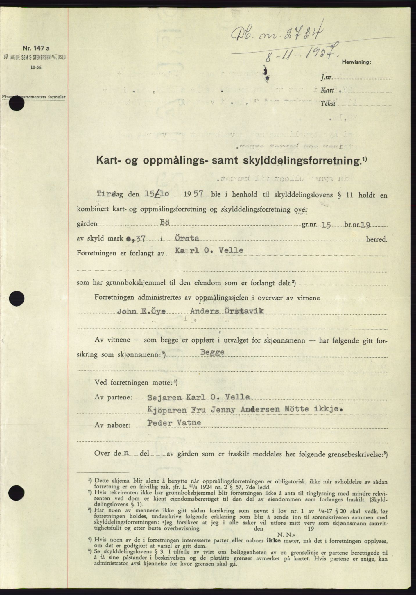 Søre Sunnmøre sorenskriveri, AV/SAT-A-4122/1/2/2C/L0108: Mortgage book no. 34A, 1957-1958, Diary no: : 2734/1957