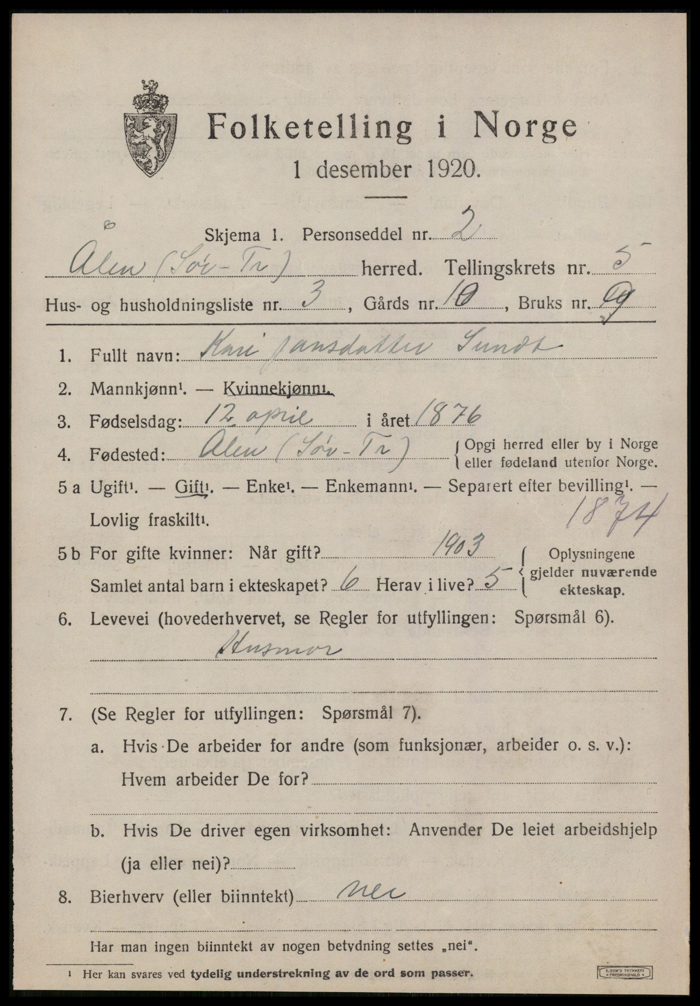 SAT, 1920 census for Ålen, 1920, p. 2356