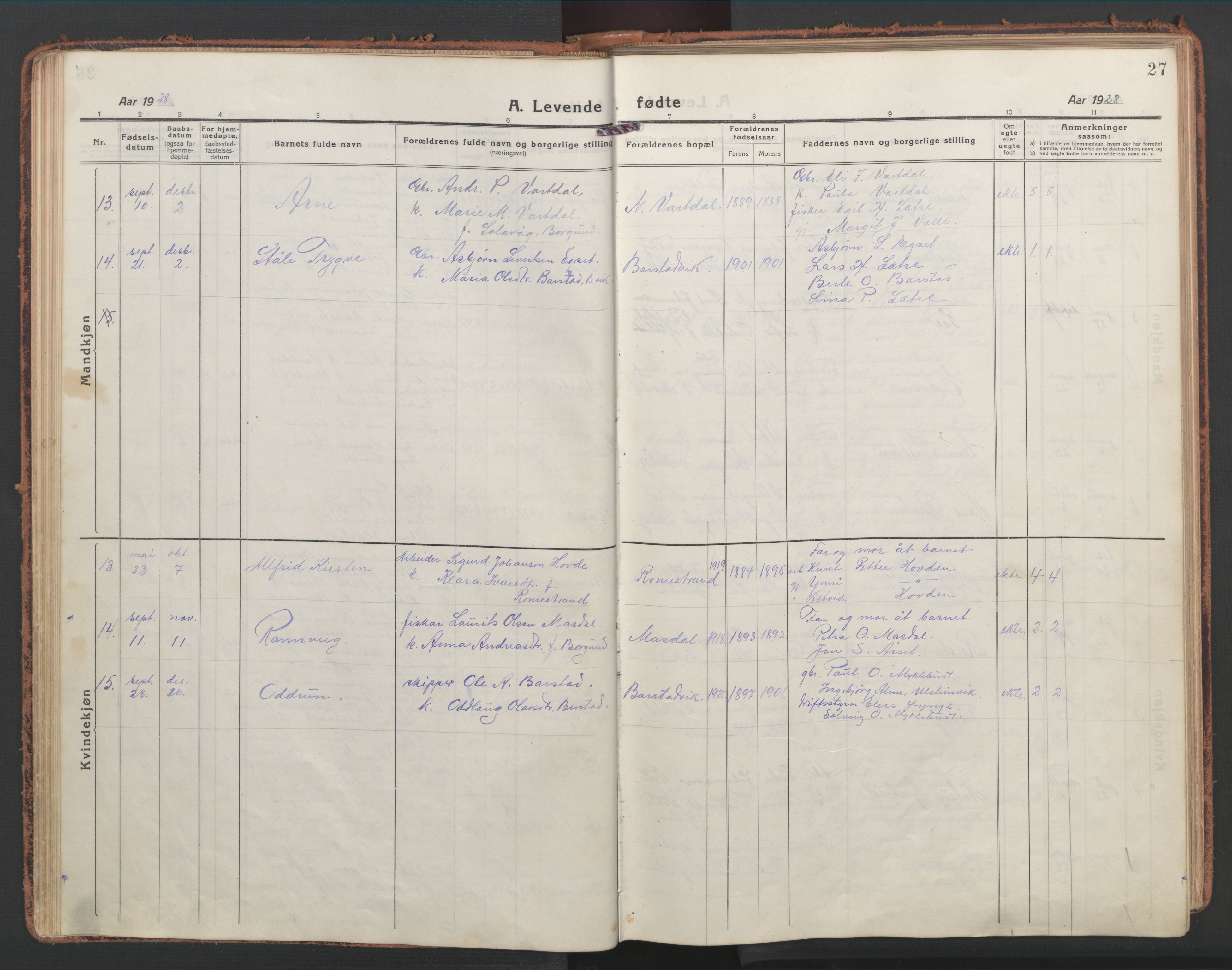 Ministerialprotokoller, klokkerbøker og fødselsregistre - Møre og Romsdal, AV/SAT-A-1454/514/L0202: Parish register (copy) no. 514C02, 1916-1944, p. 27