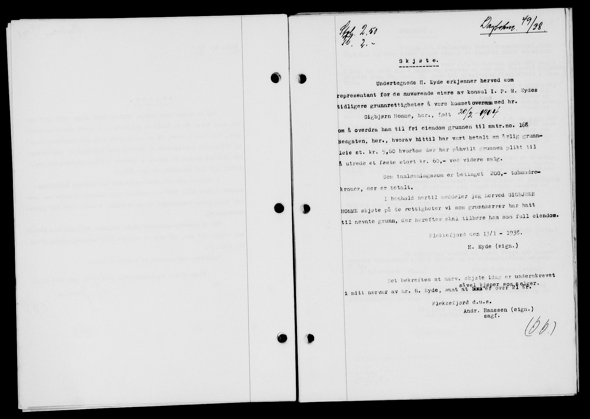 Flekkefjord sorenskriveri, SAK/1221-0001/G/Gb/Gba/L0054: Mortgage book no. A-2, 1937-1938, Diary no: : 49/1938