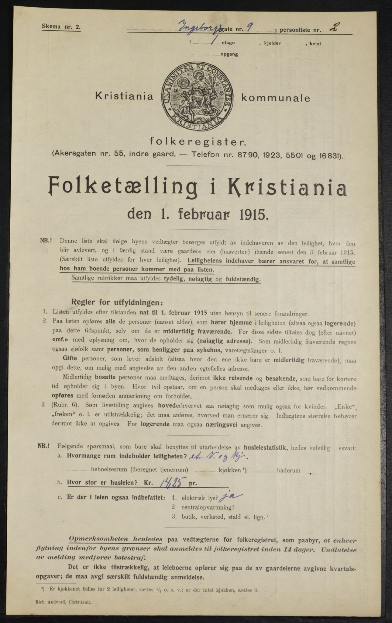 OBA, Municipal Census 1915 for Kristiania, 1915, p. 43292