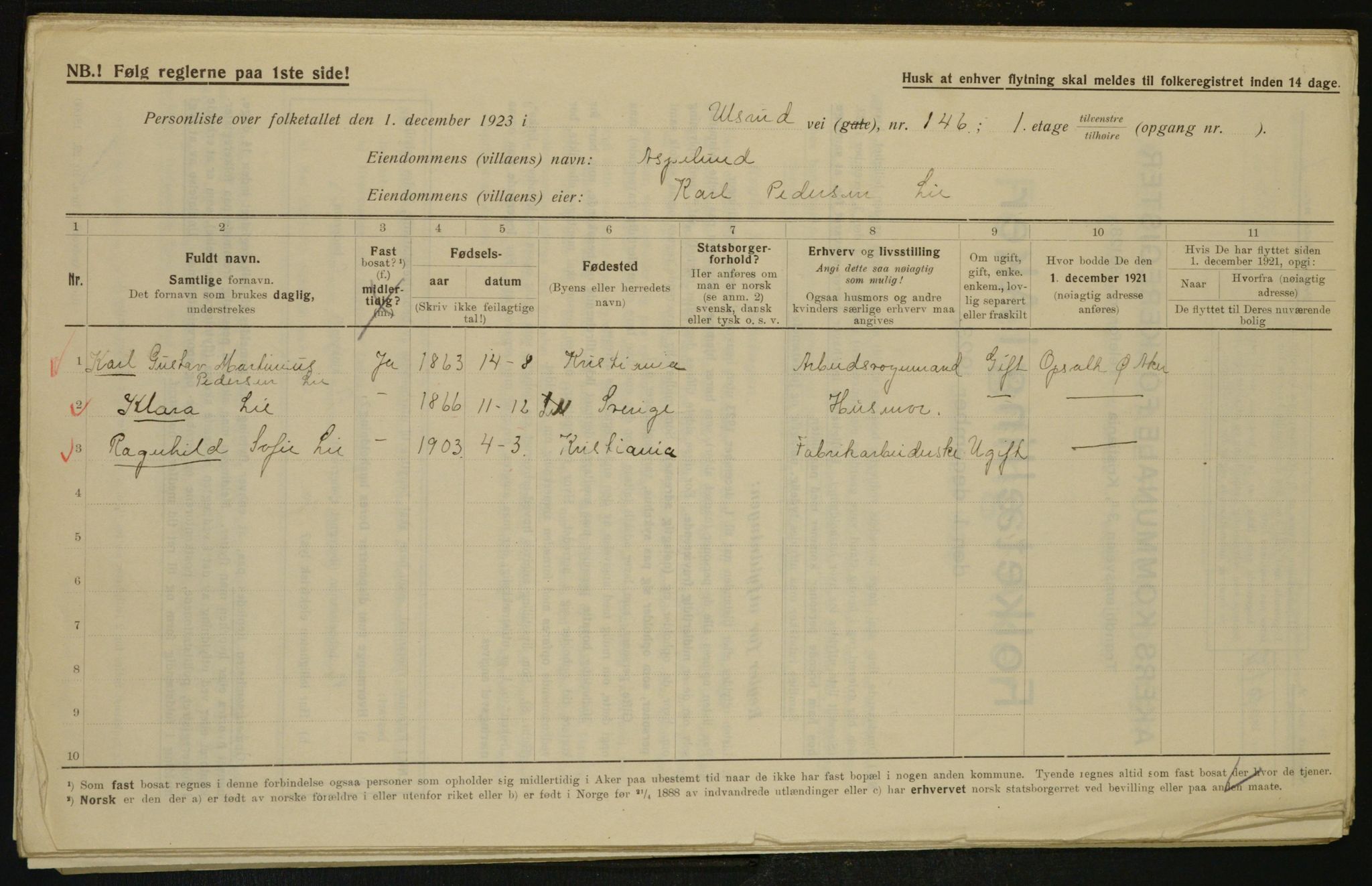 , Municipal Census 1923 for Aker, 1923, p. 29038