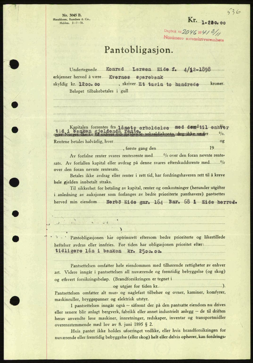 Nordmøre sorenskriveri, AV/SAT-A-4132/1/2/2Ca: Mortgage book no. B88, 1941-1942, Diary no: : 2046/1941