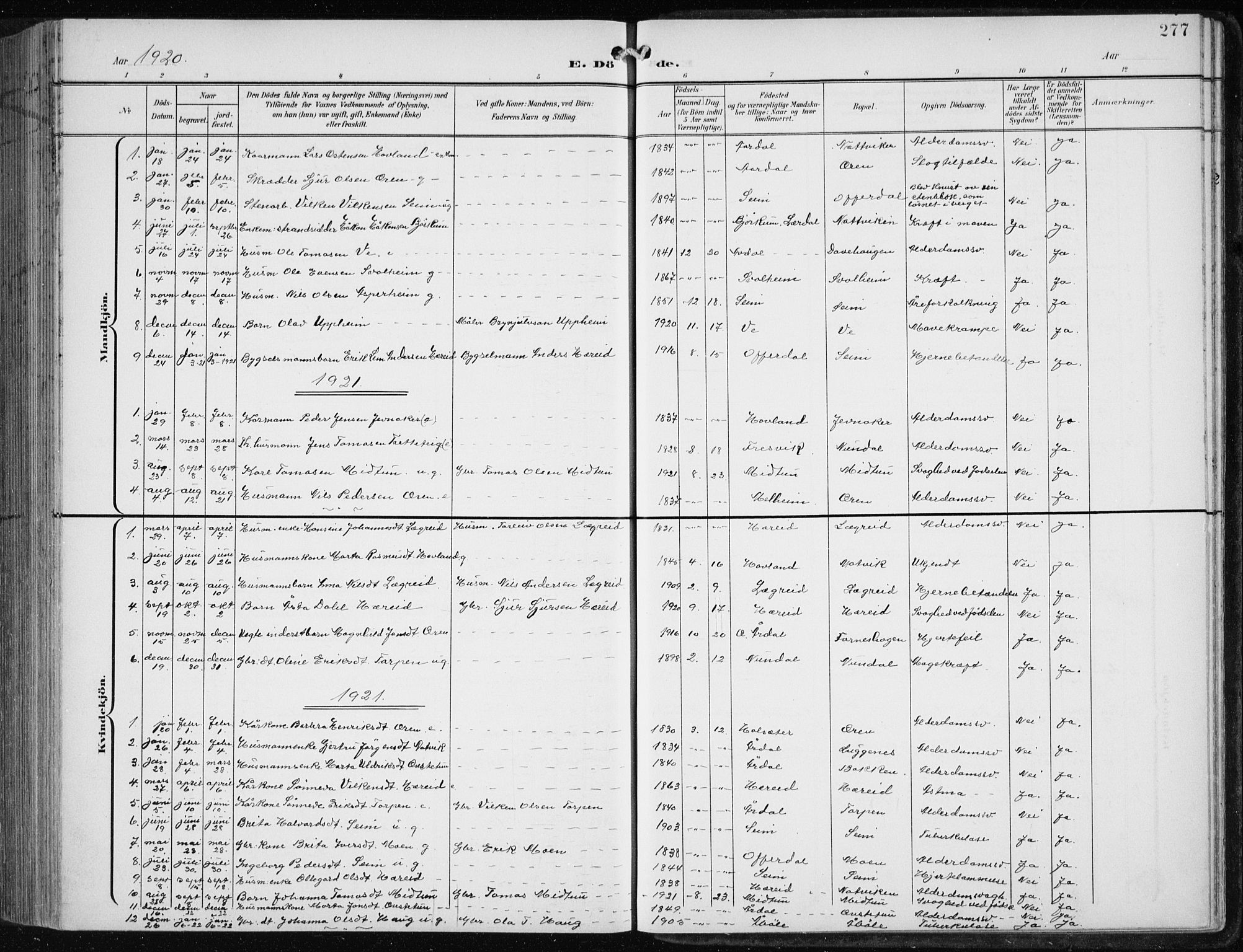 Årdal sokneprestembete, AV/SAB-A-81701: Parish register (copy) no. A 2, 1899-1939, p. 277