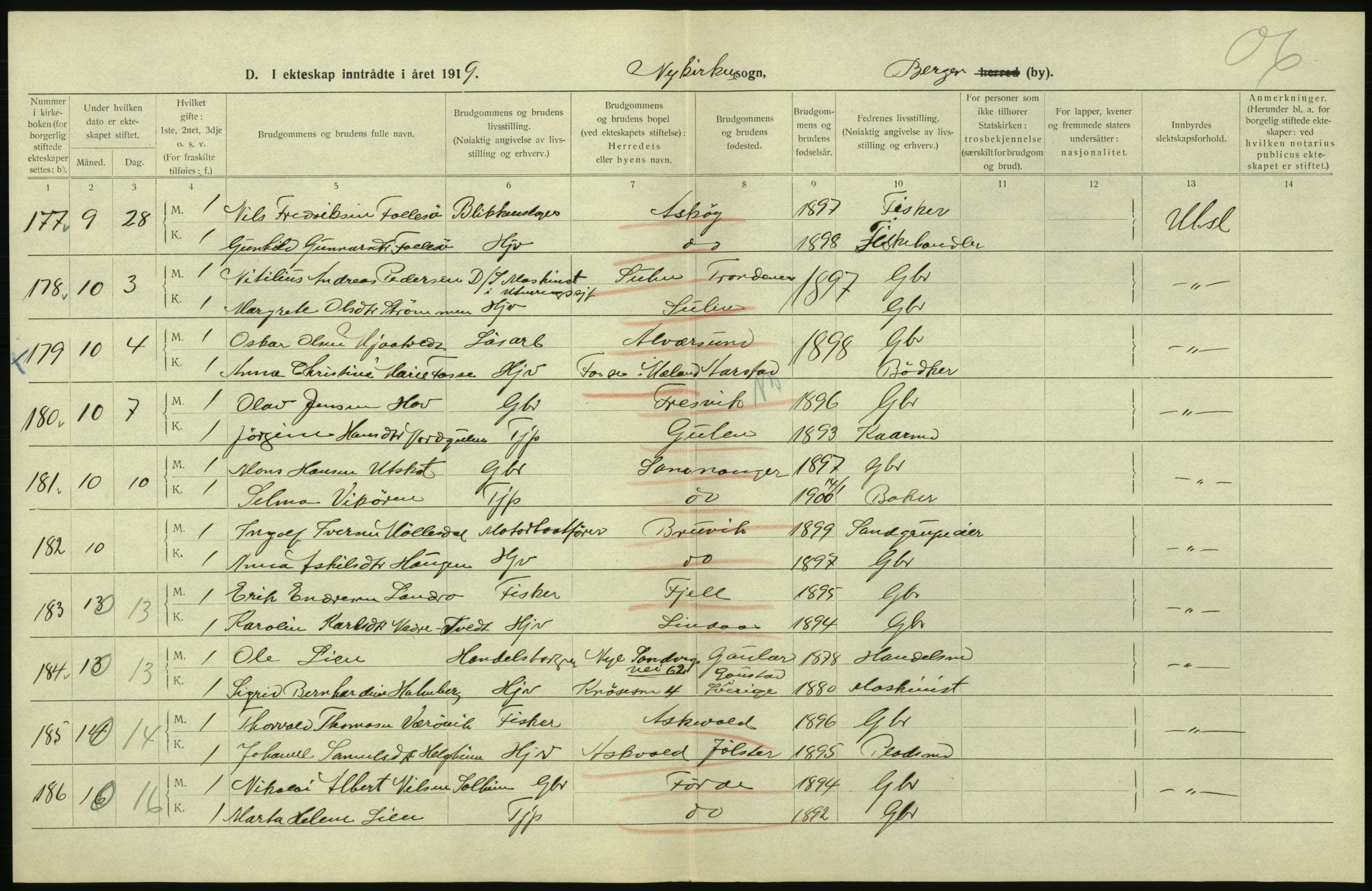 Statistisk sentralbyrå, Sosiodemografiske emner, Befolkning, AV/RA-S-2228/D/Df/Dfb/Dfbi/L0035: Bergen: Gifte, døde, dødfødte., 1919, p. 116