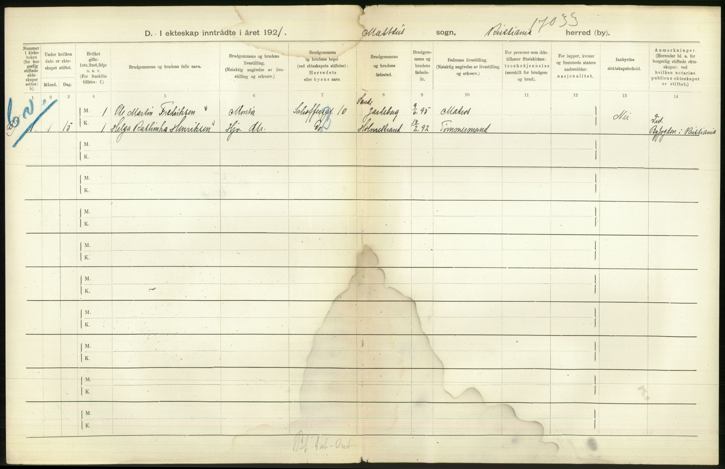 Statistisk sentralbyrå, Sosiodemografiske emner, Befolkning, AV/RA-S-2228/D/Df/Dfc/Dfca/L0011: Kristiania: Gifte, 1921, p. 490