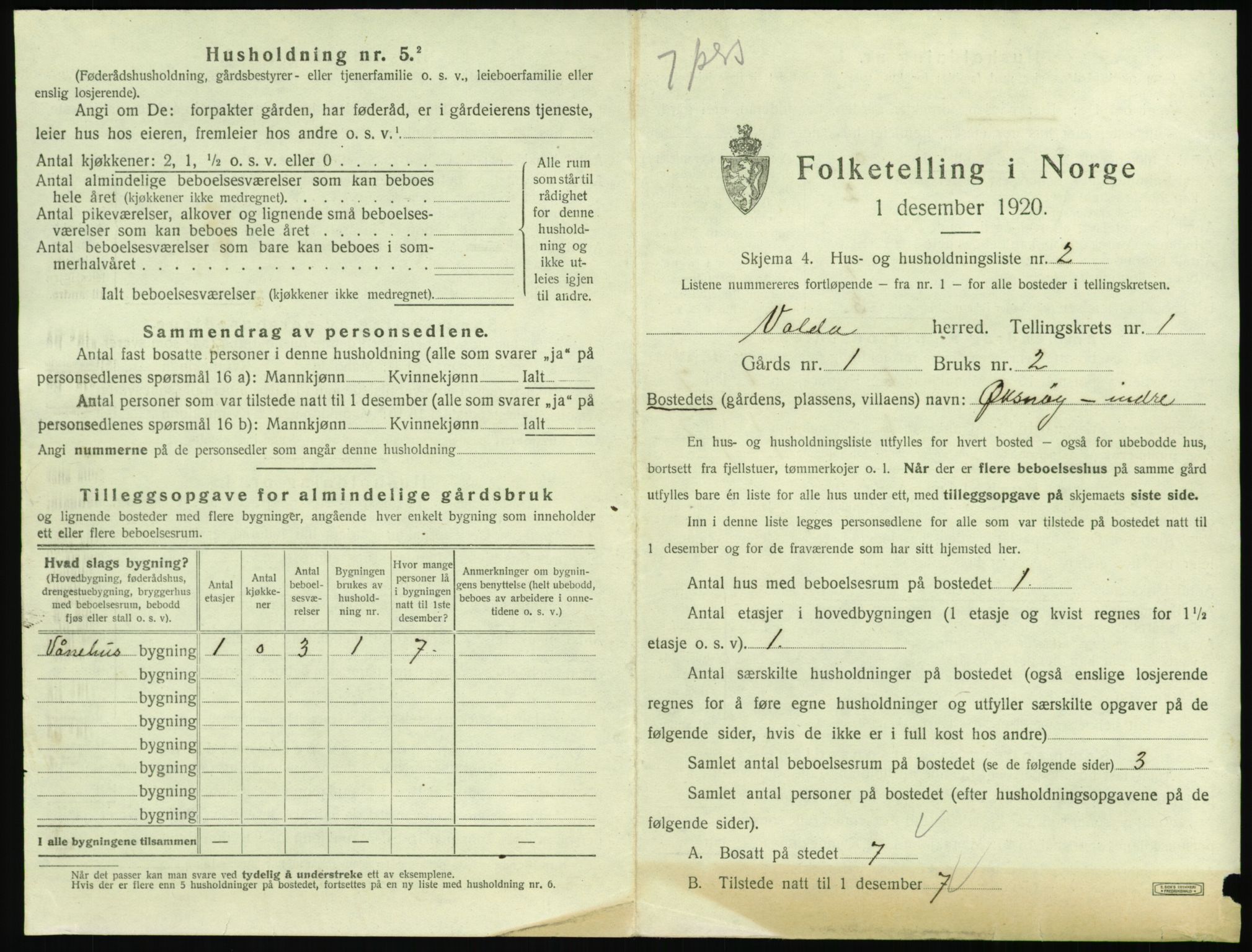 SAT, 1920 census for Volda, 1920, p. 102