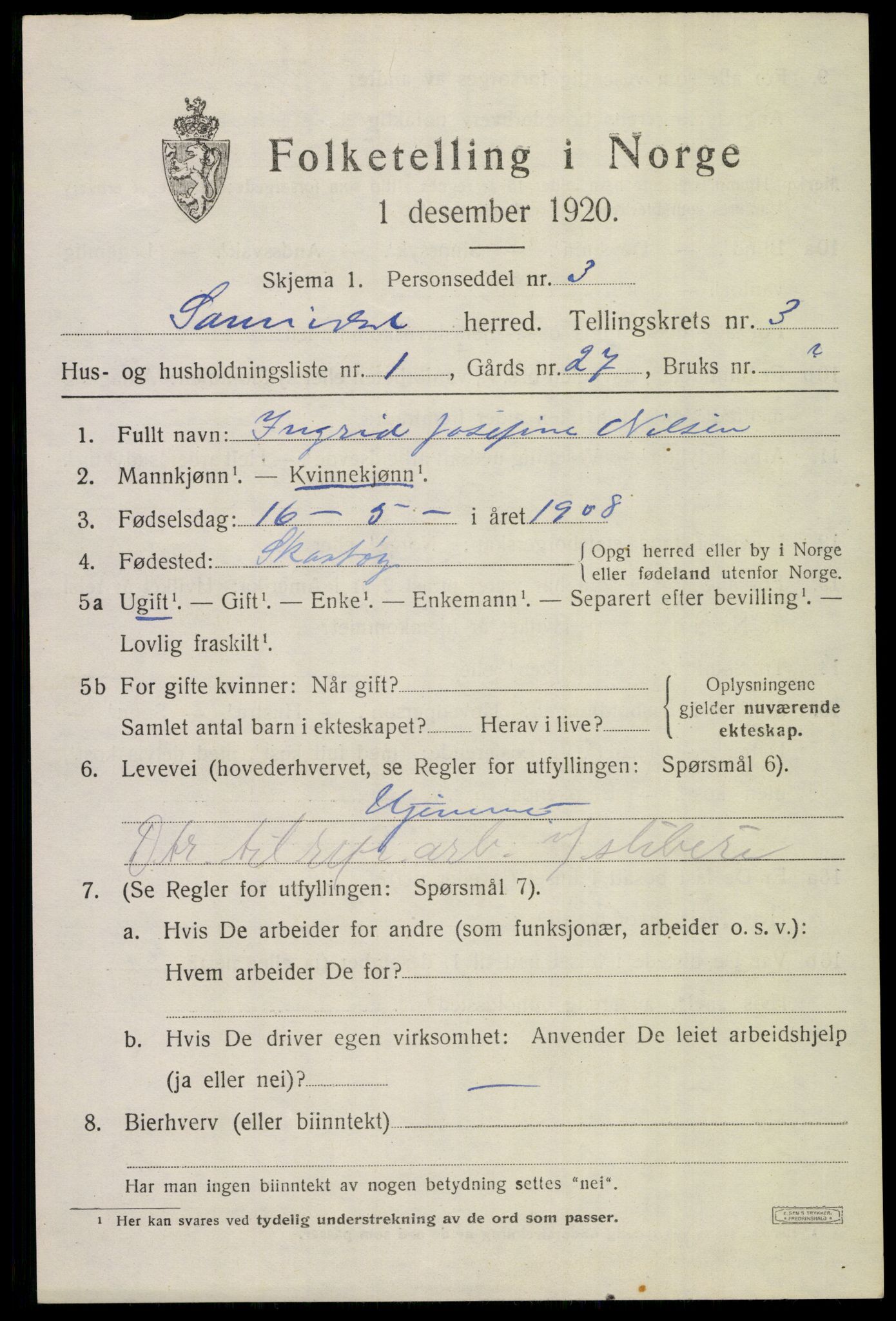 SAKO, 1920 census for Sannidal, 1920, p. 2173