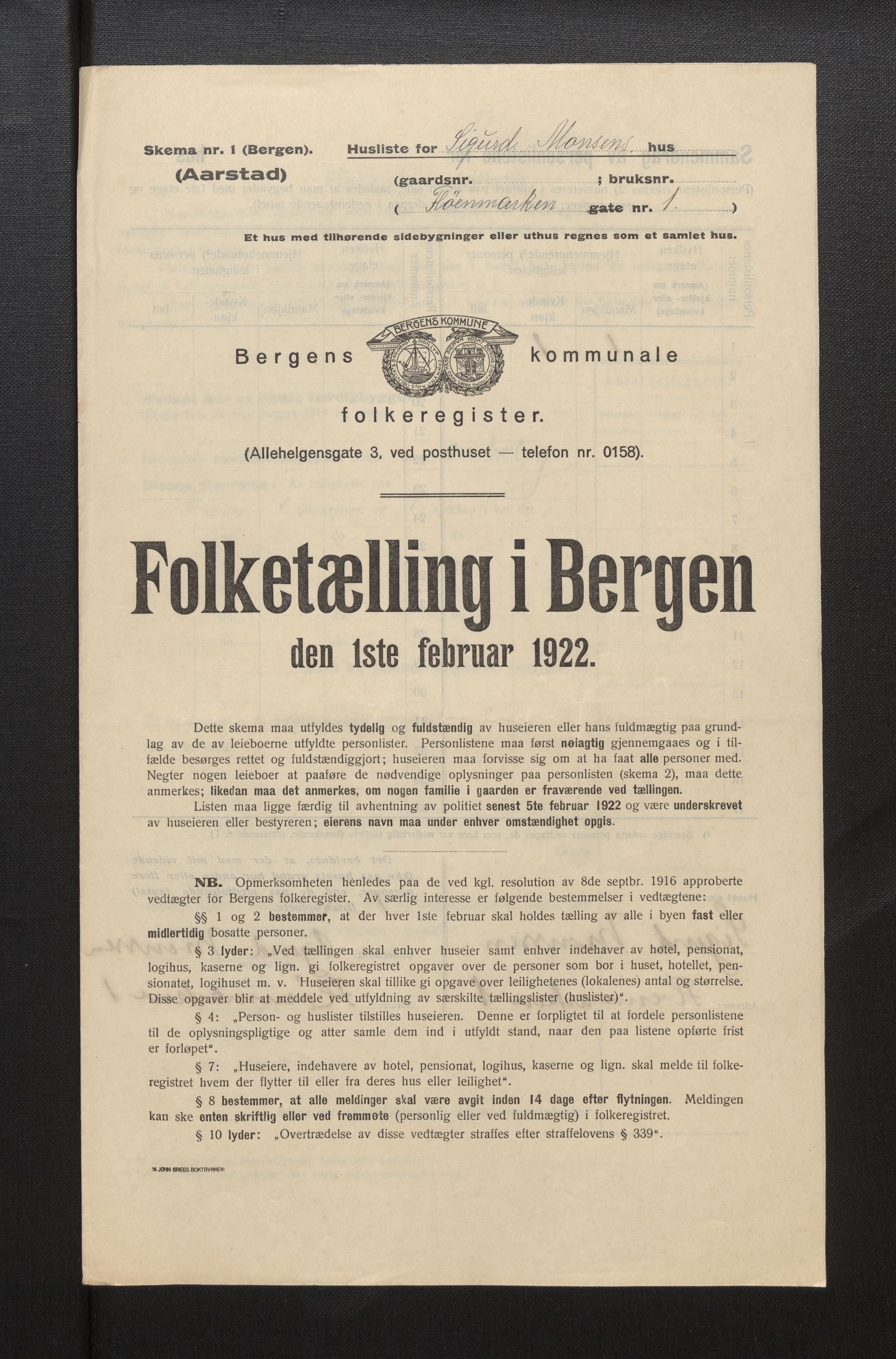 SAB, Municipal Census 1922 for Bergen, 1922, p. 52401