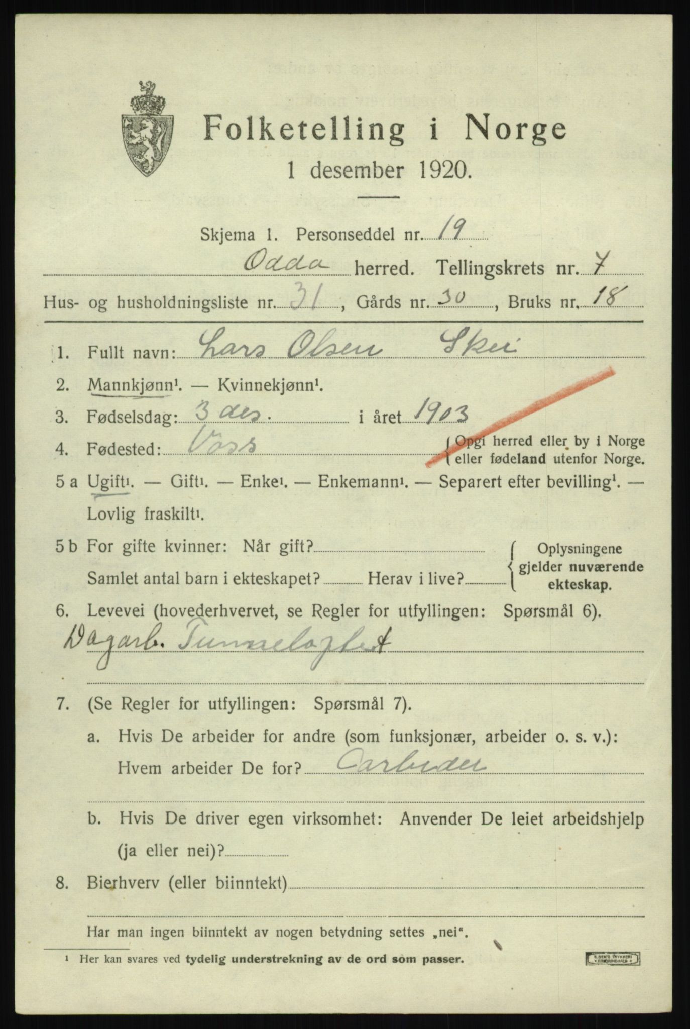 SAB, 1920 census for Odda, 1920, p. 5671