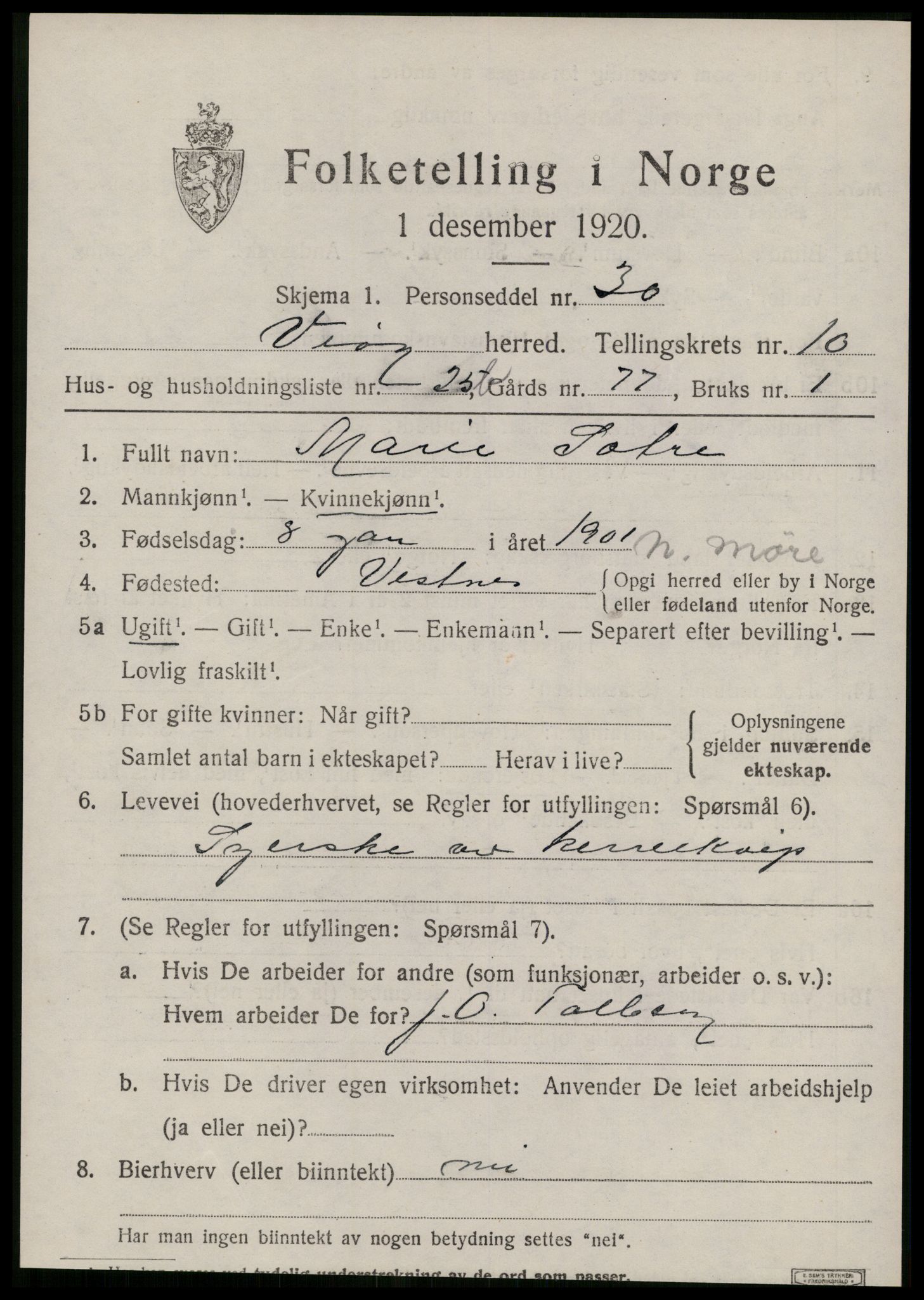 SAT, 1920 census for Veøy, 1920, p. 5115