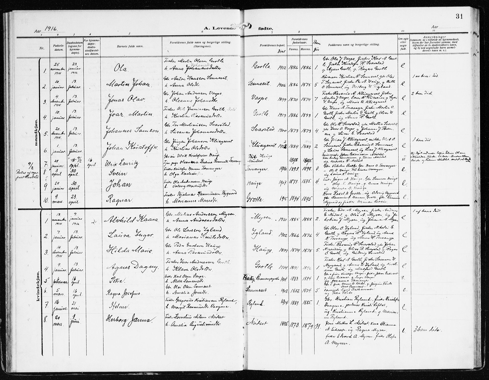 Bremanger sokneprestembete, SAB/A-82201/H/Haa/Haac/L0001: Parish register (official) no. C 1, 1908-1921, p. 31