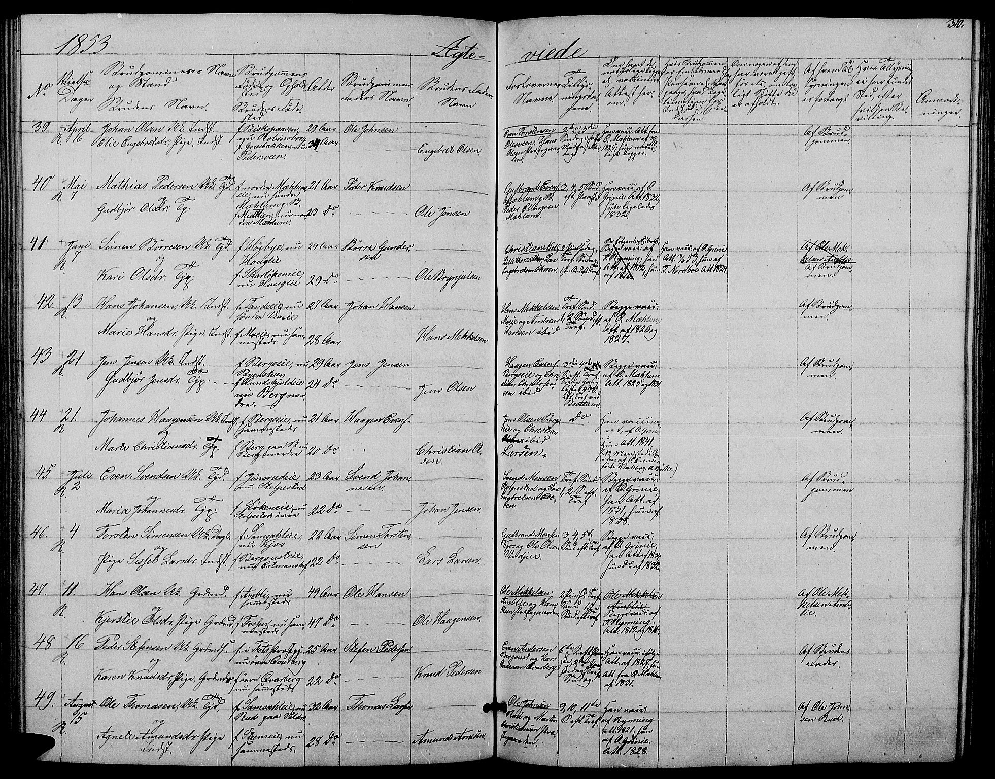 Ringsaker prestekontor, SAH/PREST-014/L/La/L0006: Parish register (copy) no. 6, 1851-1860, p. 310