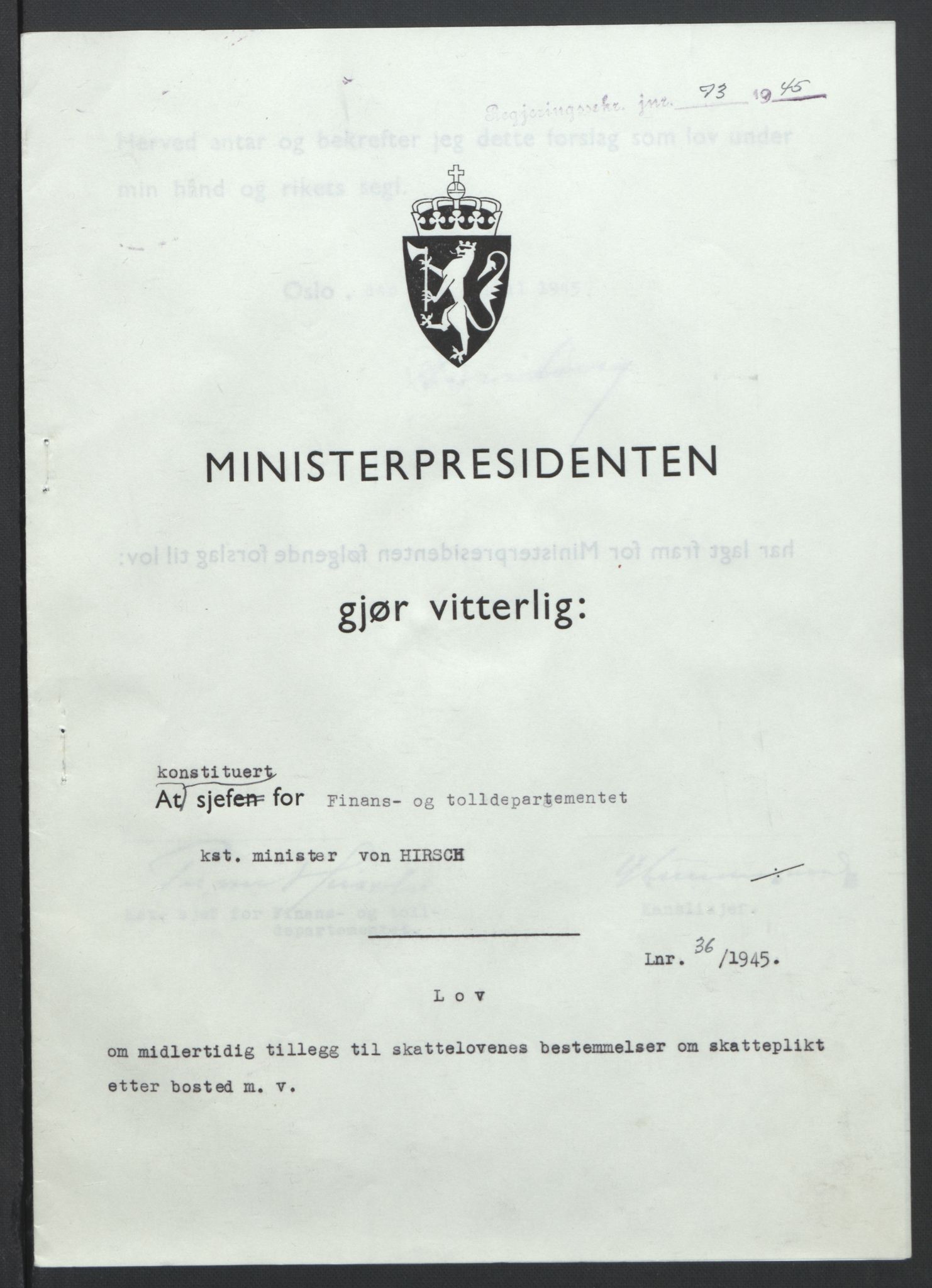 NS-administrasjonen 1940-1945 (Statsrådsekretariatet, de kommisariske statsråder mm), RA/S-4279/D/Db/L0101/0001: -- / Lover og vedtak, 1945, p. 146