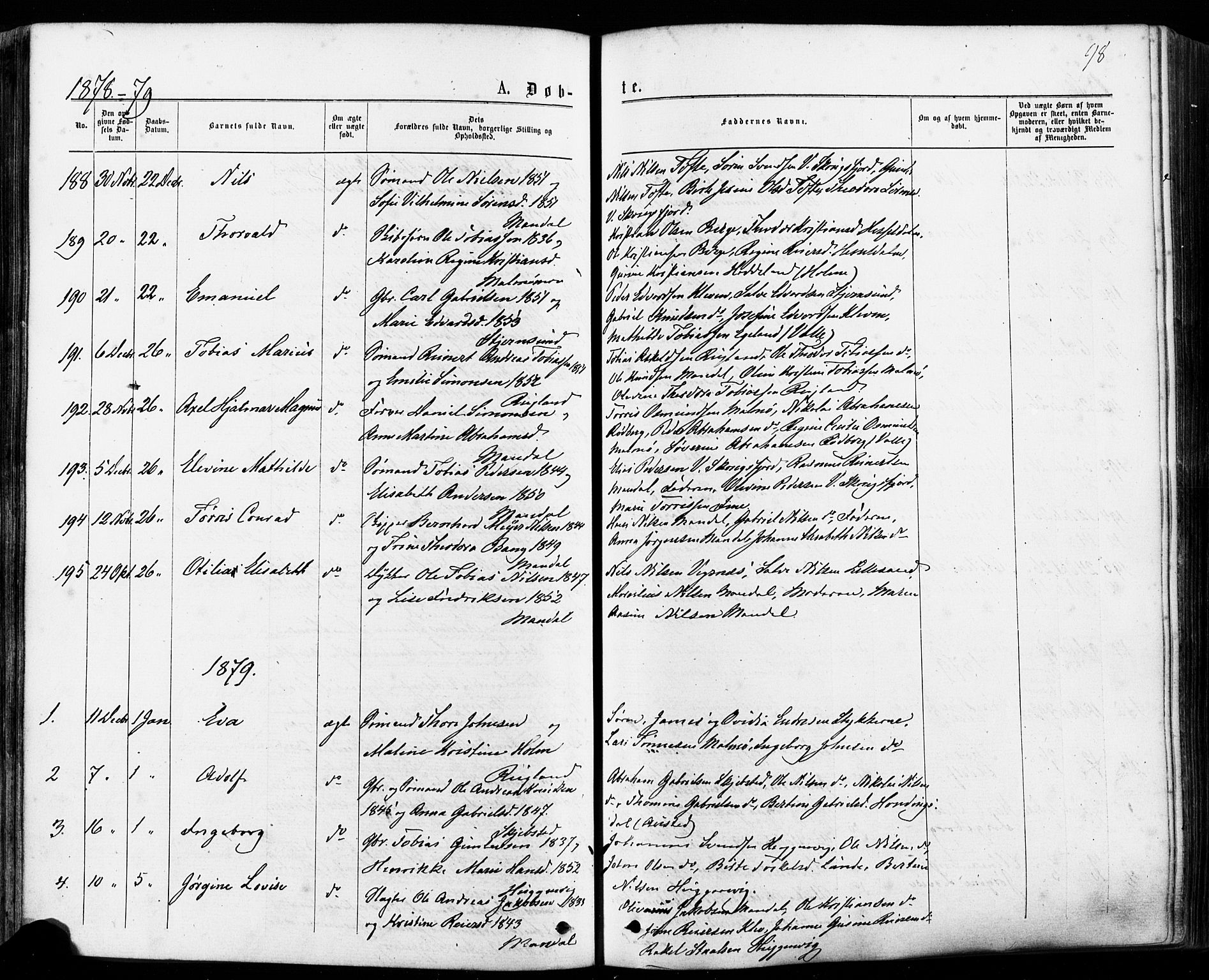 Mandal sokneprestkontor, AV/SAK-1111-0030/F/Fa/Faa/L0015: Parish register (official) no. A 15, 1873-1879, p. 98