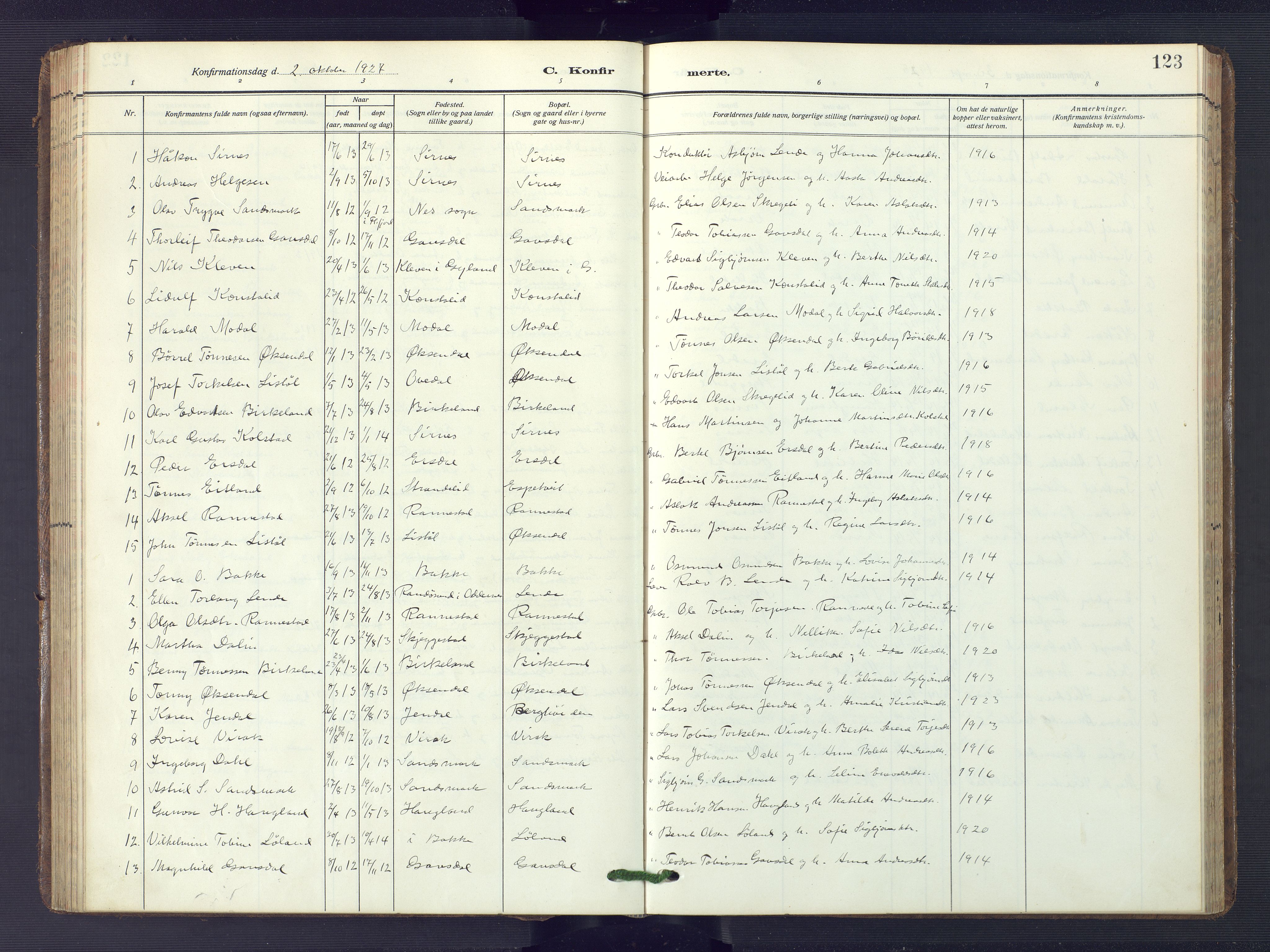 Bakke sokneprestkontor, SAK/1111-0002/F/Fb/Fba/L0004: Parish register (copy) no. B 4, 1911-1946, p. 123