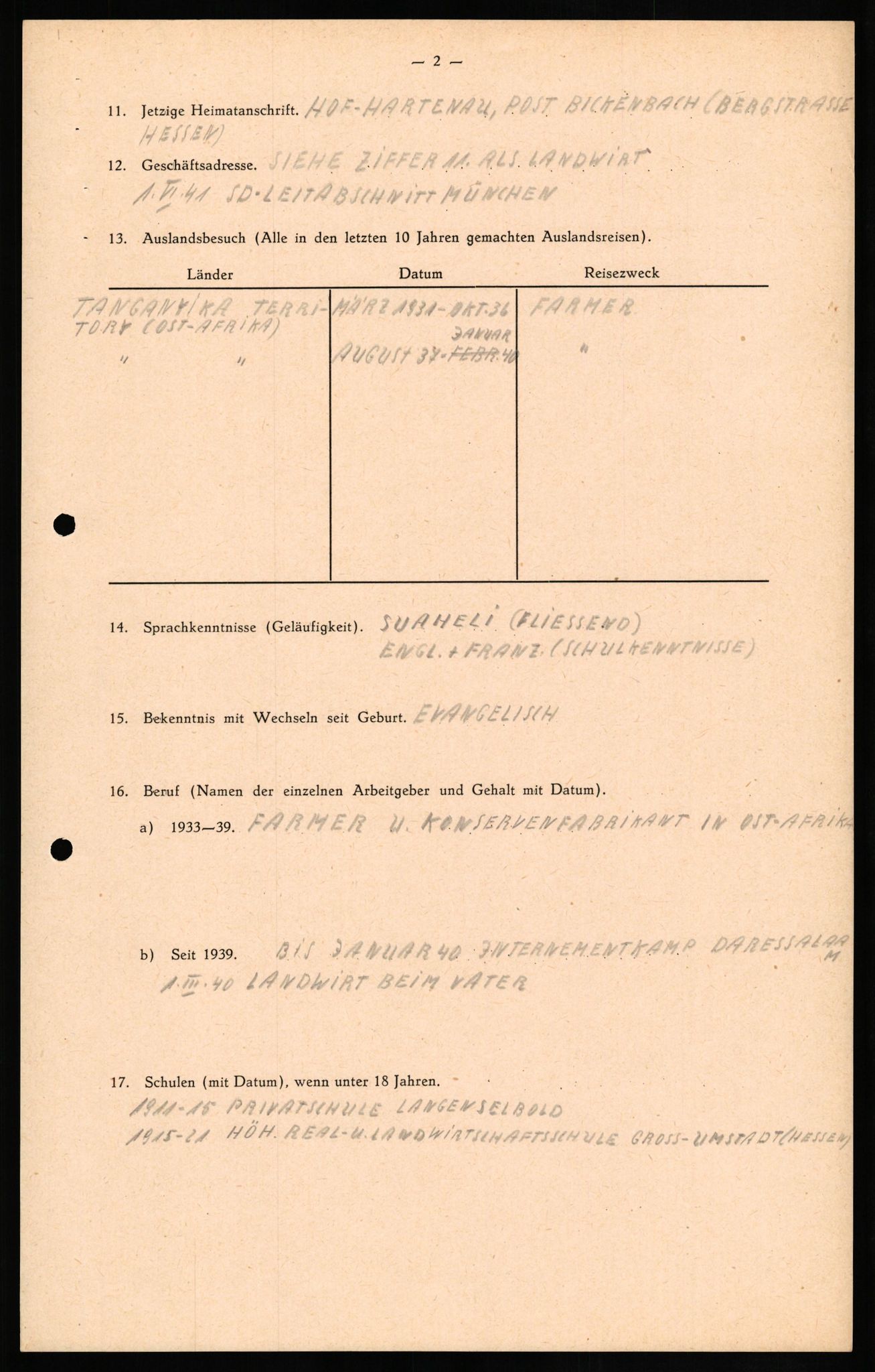Forsvaret, Forsvarets overkommando II, RA/RAFA-3915/D/Db/L0017: CI Questionaires. Tyske okkupasjonsstyrker i Norge. Tyskere., 1945-1946, p. 338