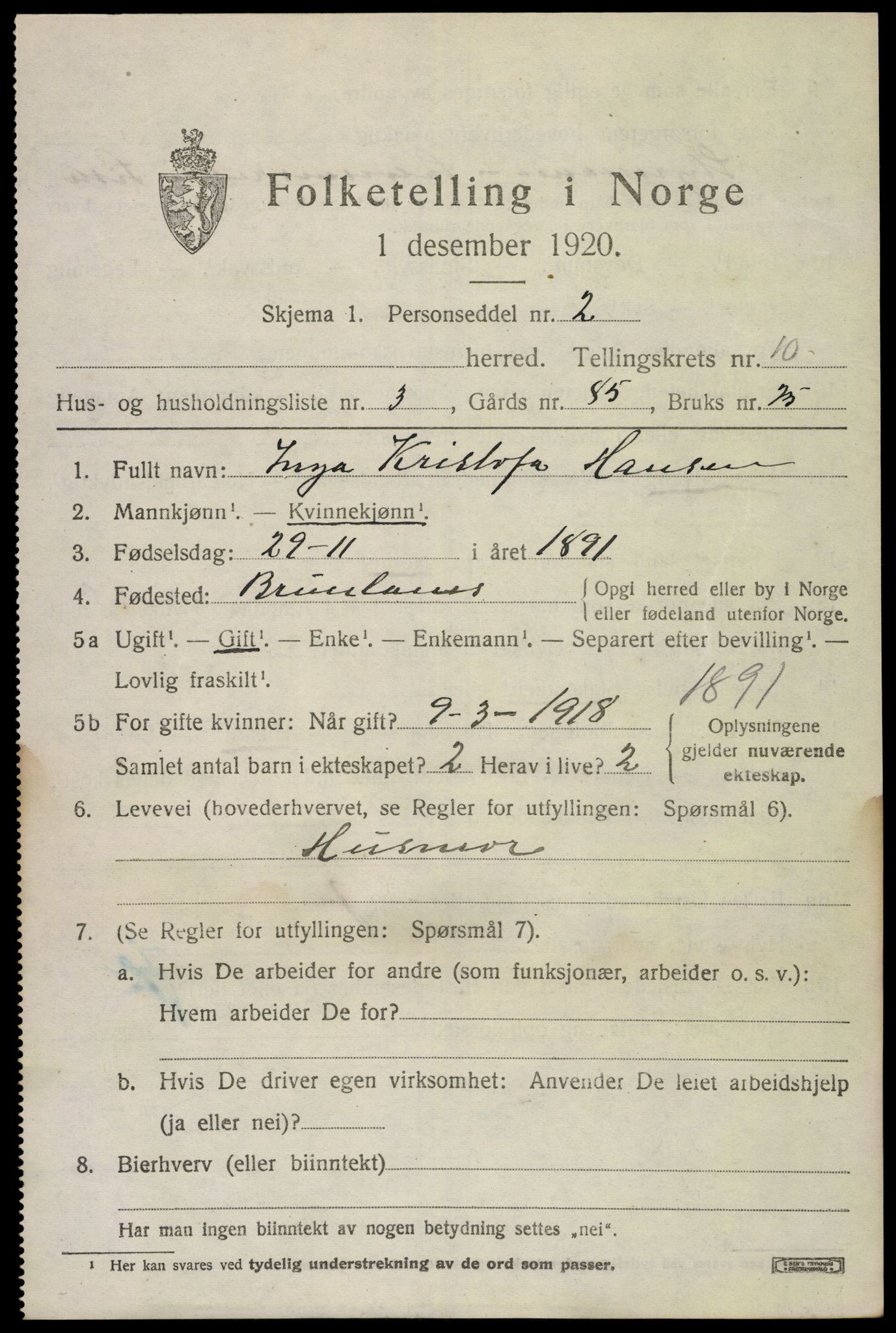 SAKO, 1920 census for Brunlanes, 1920, p. 8629