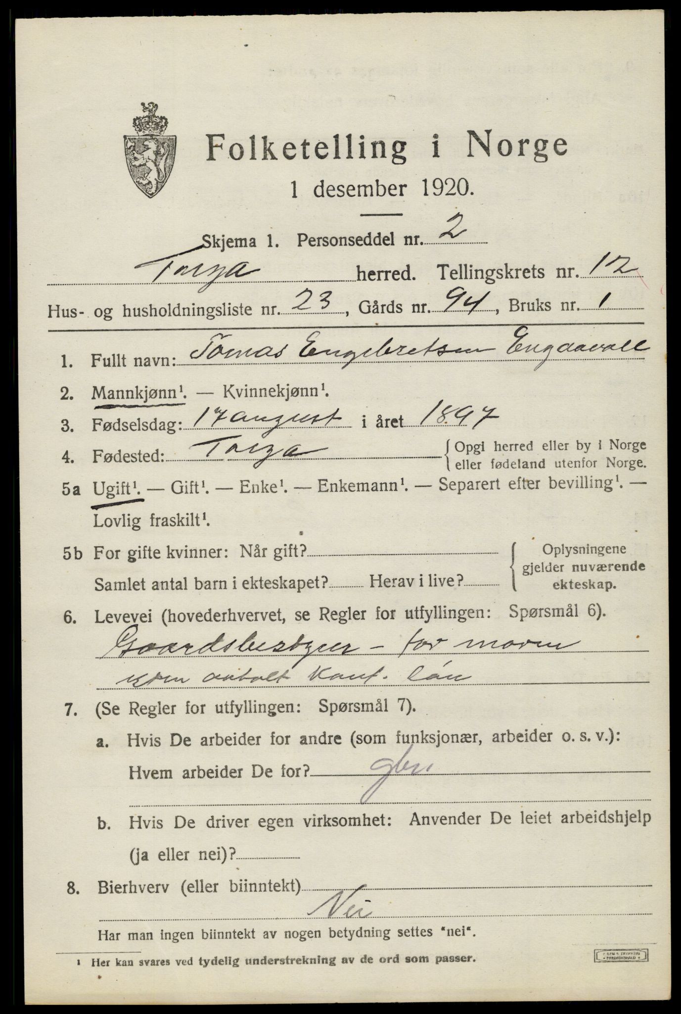 SAH, 1920 census for Tolga, 1920, p. 5743