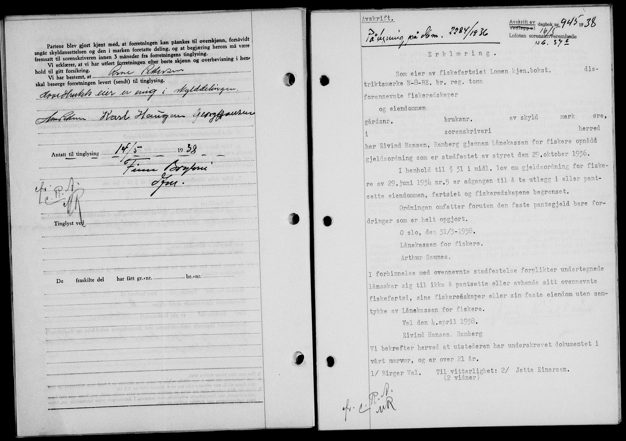 Lofoten sorenskriveri, SAT/A-0017/1/2/2C/L0004a: Mortgage book no. 4a, 1938-1938, Diary no: : 945/1938