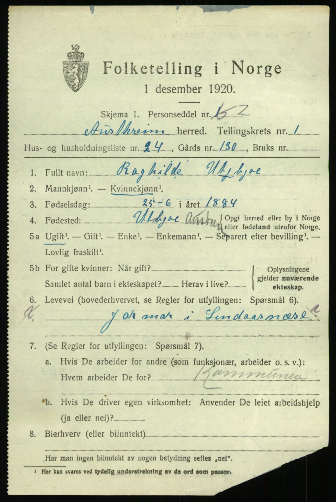 SAB, 1920 census for Austrheim, 1920, p. 1262