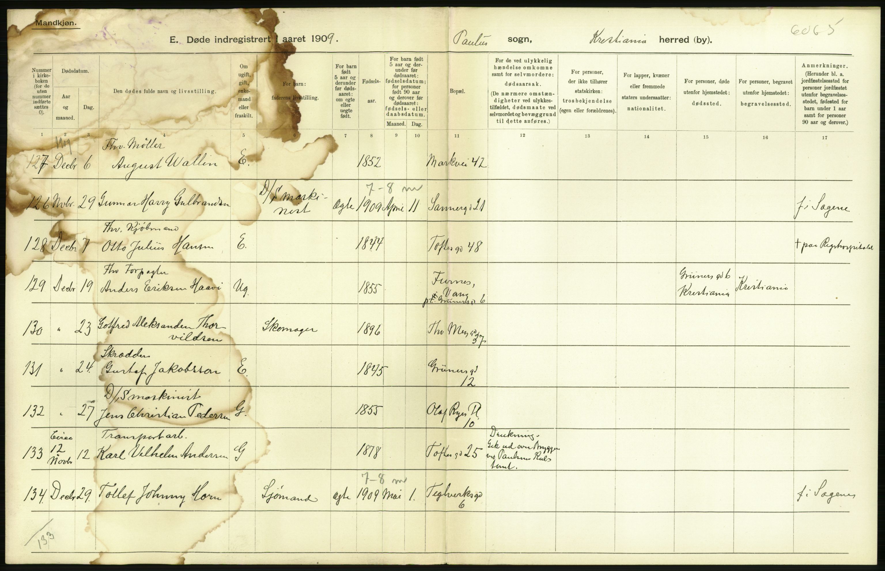 Statistisk sentralbyrå, Sosiodemografiske emner, Befolkning, RA/S-2228/D/Df/Dfa/Dfag/L0010: Kristiania: Døde, dødfødte., 1909, p. 226