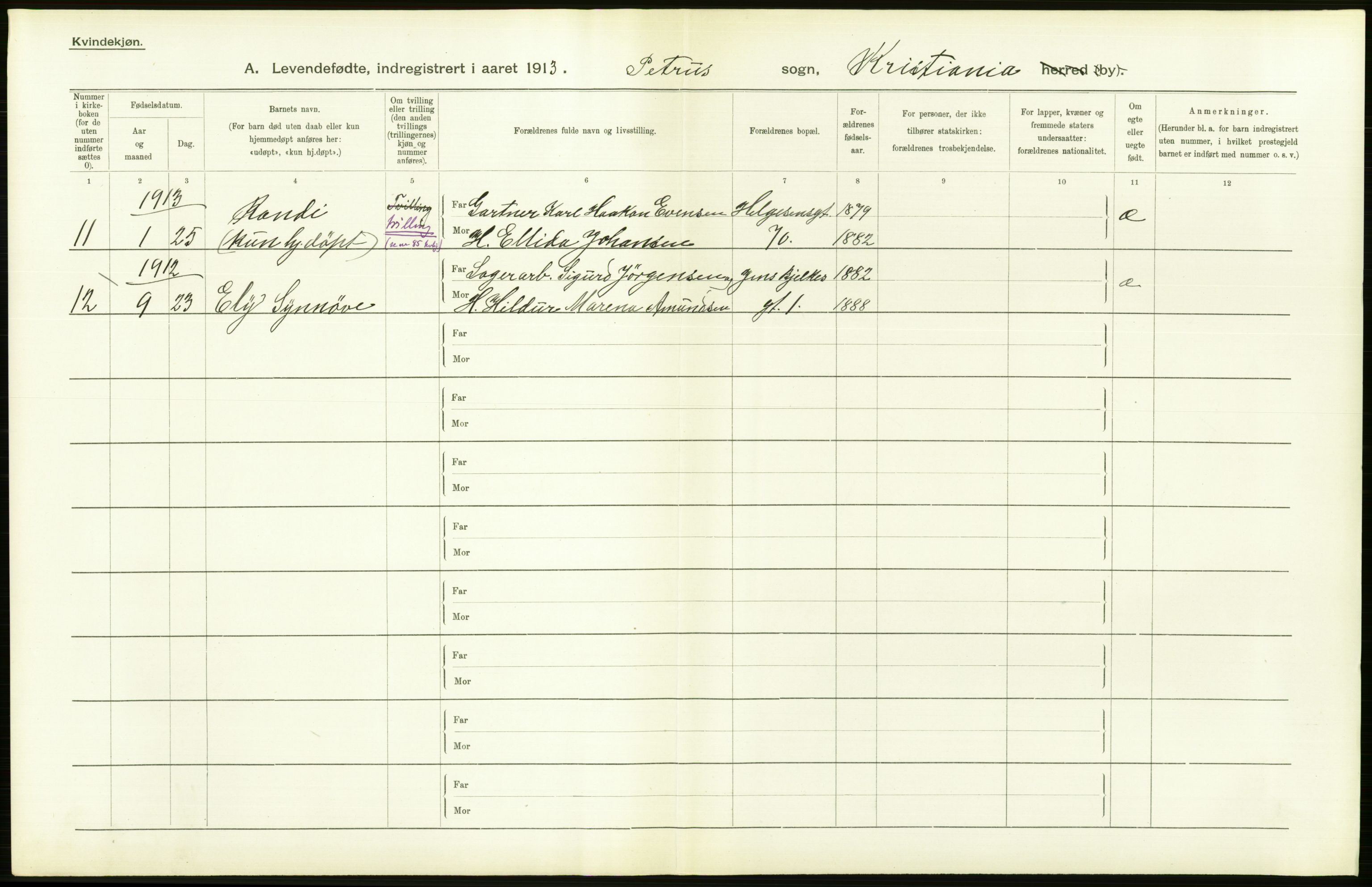 Statistisk sentralbyrå, Sosiodemografiske emner, Befolkning, RA/S-2228/D/Df/Dfb/Dfbc/L0006: Kristiania: Levendefødte menn og kvinner., 1913, p. 226