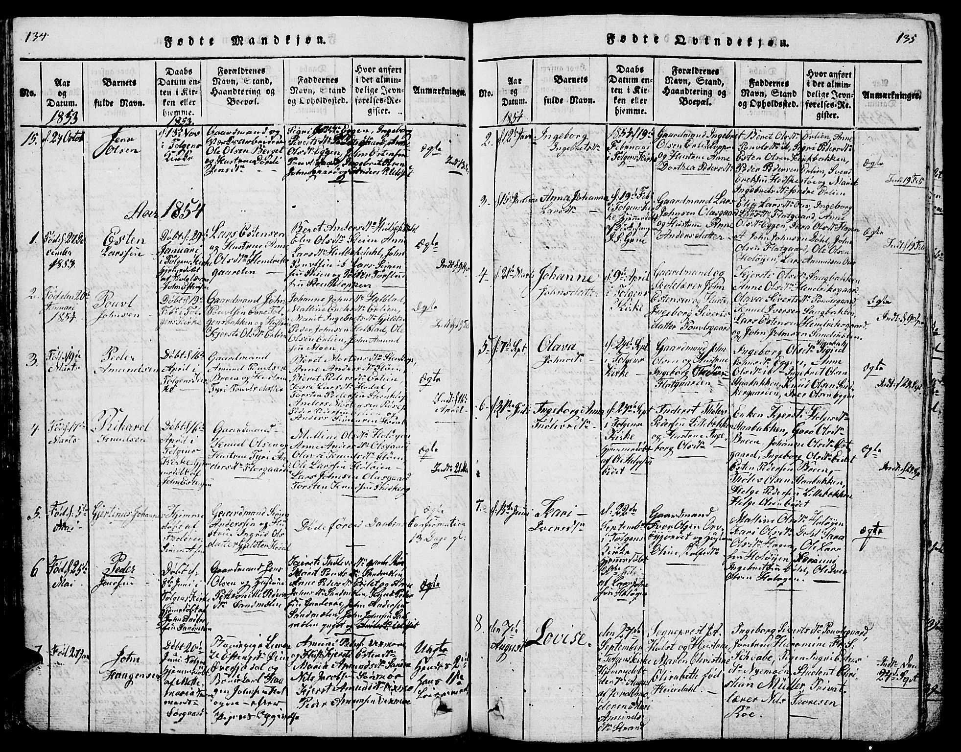 Tolga prestekontor, AV/SAH-PREST-062/L/L0001: Parish register (copy) no. 1, 1814-1877, p. 134-135