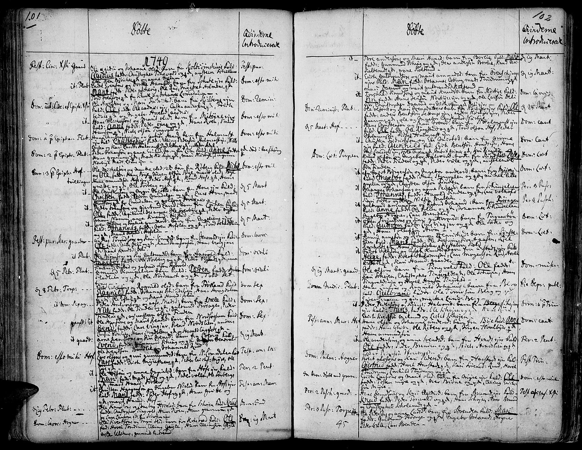 Land prestekontor, SAH/PREST-120/H/Ha/Haa/L0002: Parish register (official) no. 2, 1733-1764, p. 101-102