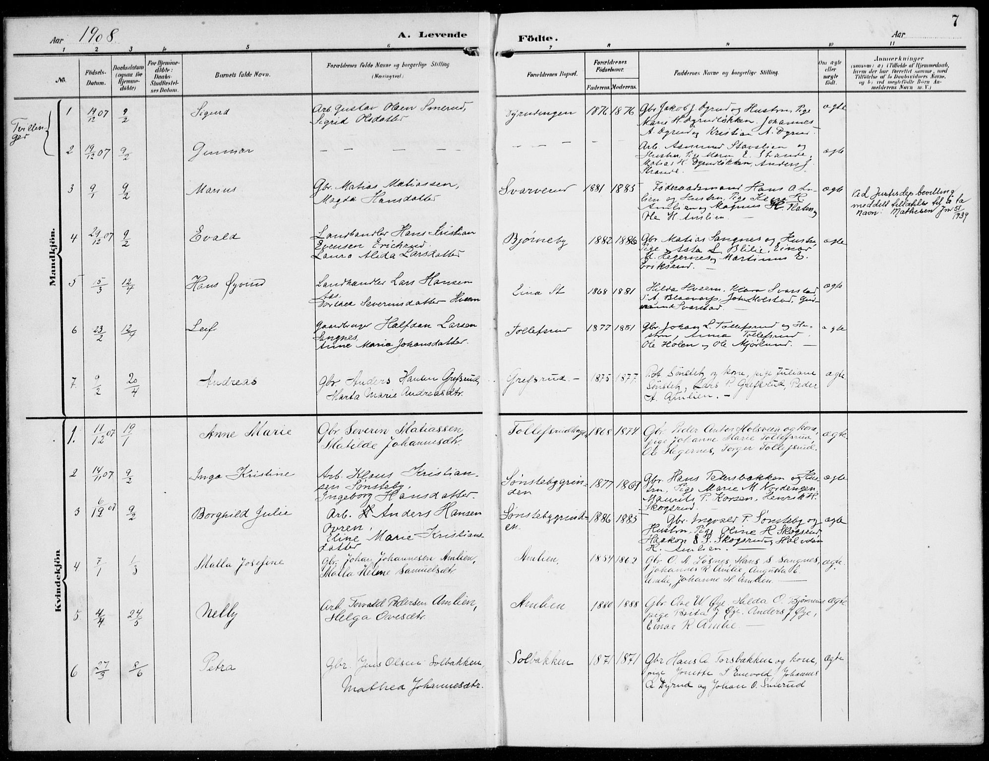 Kolbu prestekontor, AV/SAH-PREST-110/H/Ha/Haa/L0001: Parish register (official) no. 1, 1907-1923, p. 7