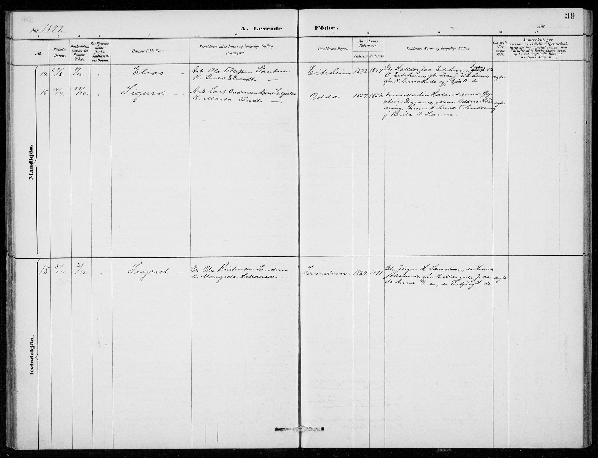 Odda Sokneprestembete, AV/SAB-A-77201/H/Hab: Parish register (copy) no. B  1, 1887-1909, p. 39