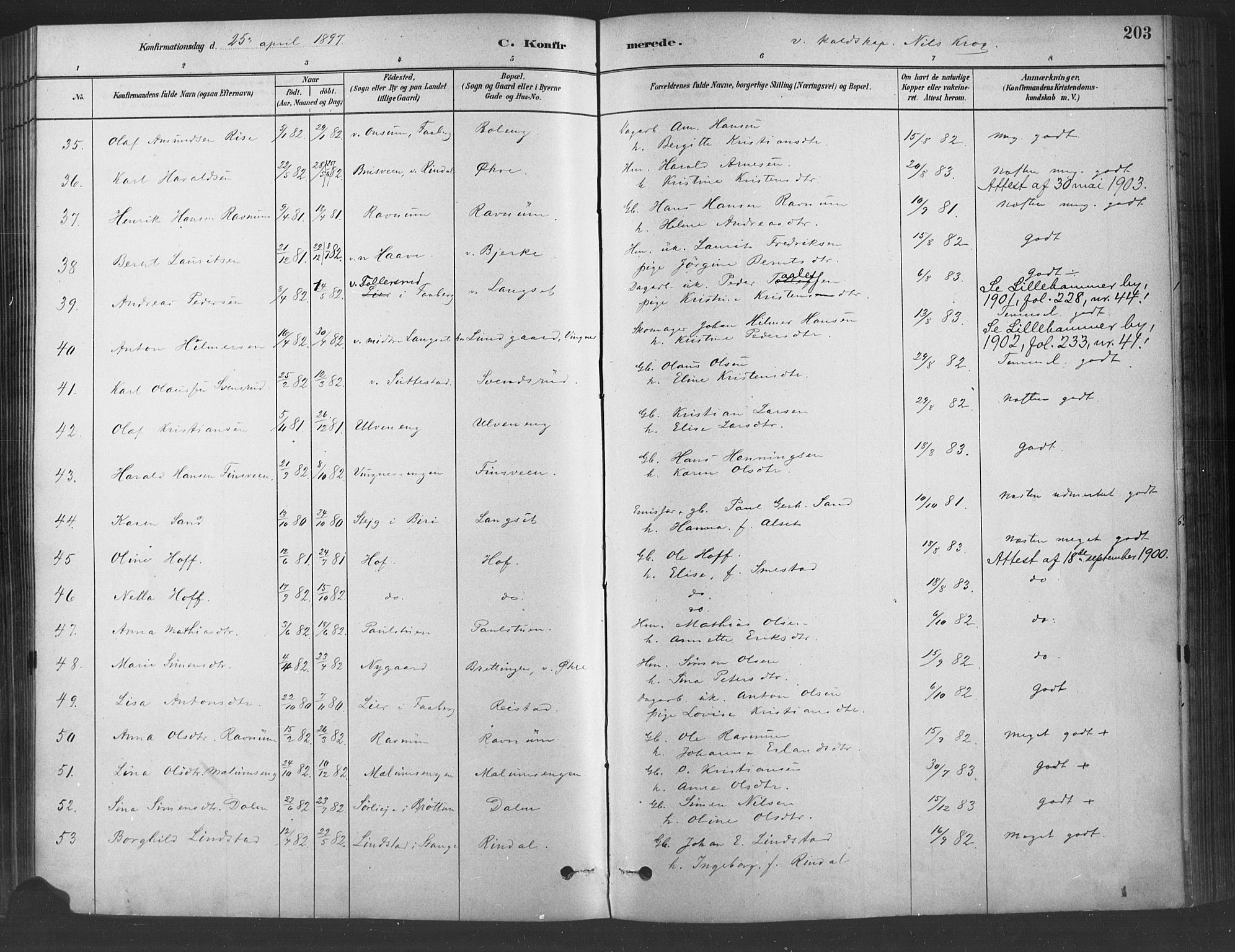 Fåberg prestekontor, SAH/PREST-086/H/Ha/Haa/L0009: Parish register (official) no. 9, 1879-1898, p. 203