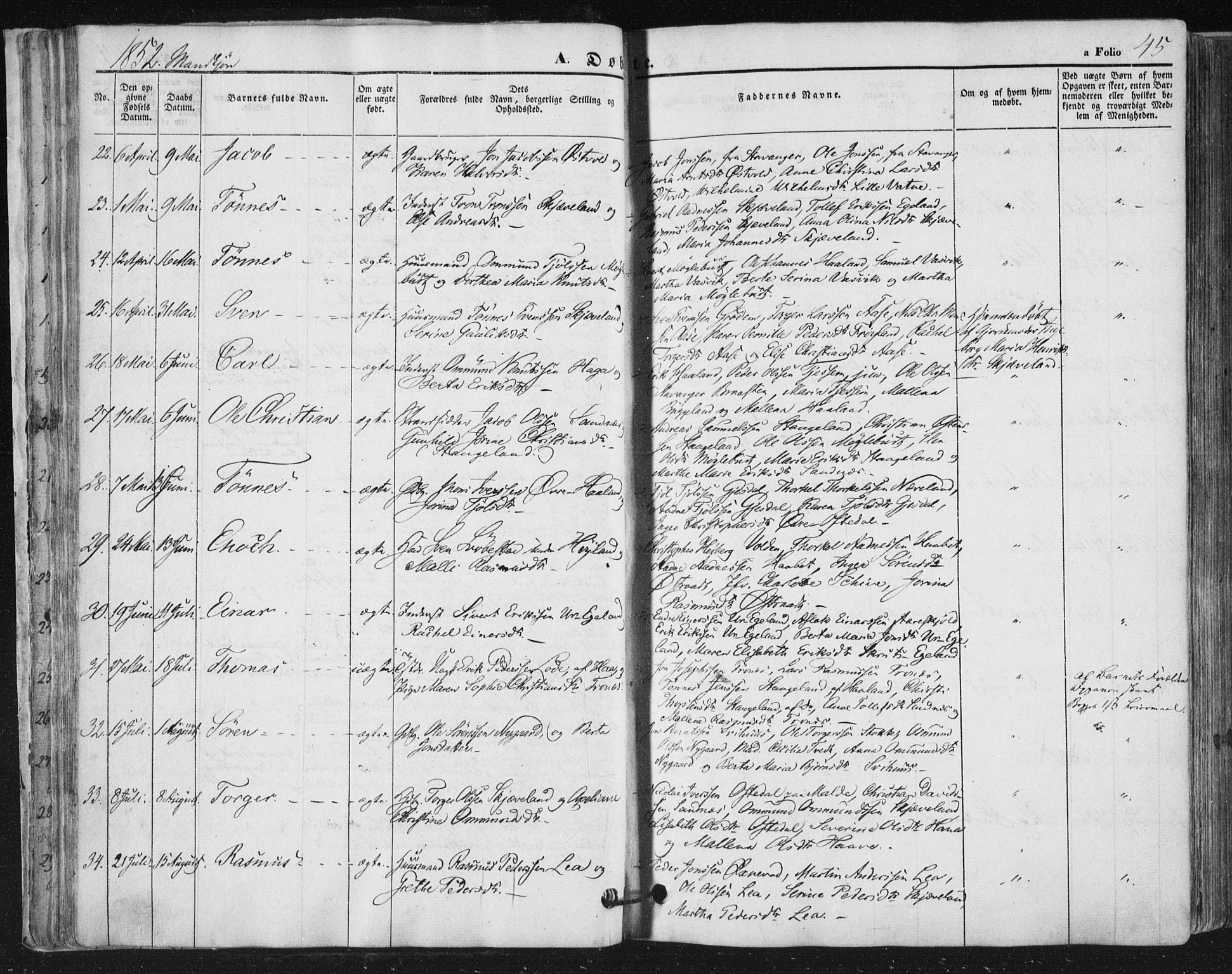 Høyland sokneprestkontor, SAST/A-101799/001/30BA/L0008: Parish register (official) no. A 8, 1841-1856, p. 45