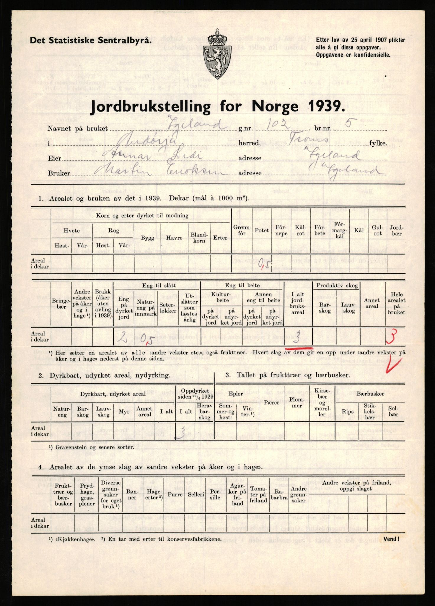 Statistisk sentralbyrå, Næringsøkonomiske emner, Jordbruk, skogbruk, jakt, fiske og fangst, AV/RA-S-2234/G/Gb/L0339: Troms: Andørja, Astafjord og Lavangen, 1939, p. 424