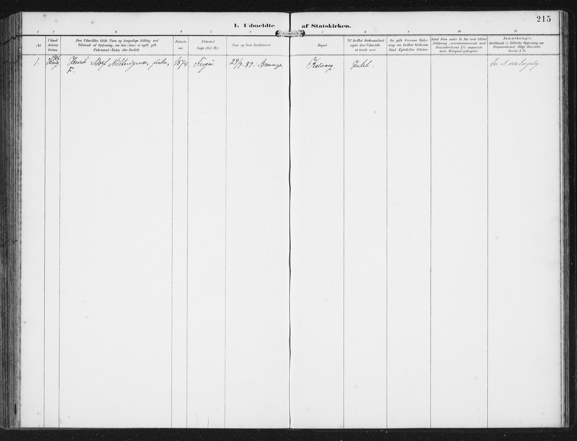 Bremanger sokneprestembete, SAB/A-82201/H/Haa/Haab/L0002: Parish register (official) no. B  2, 1896-1908, p. 215