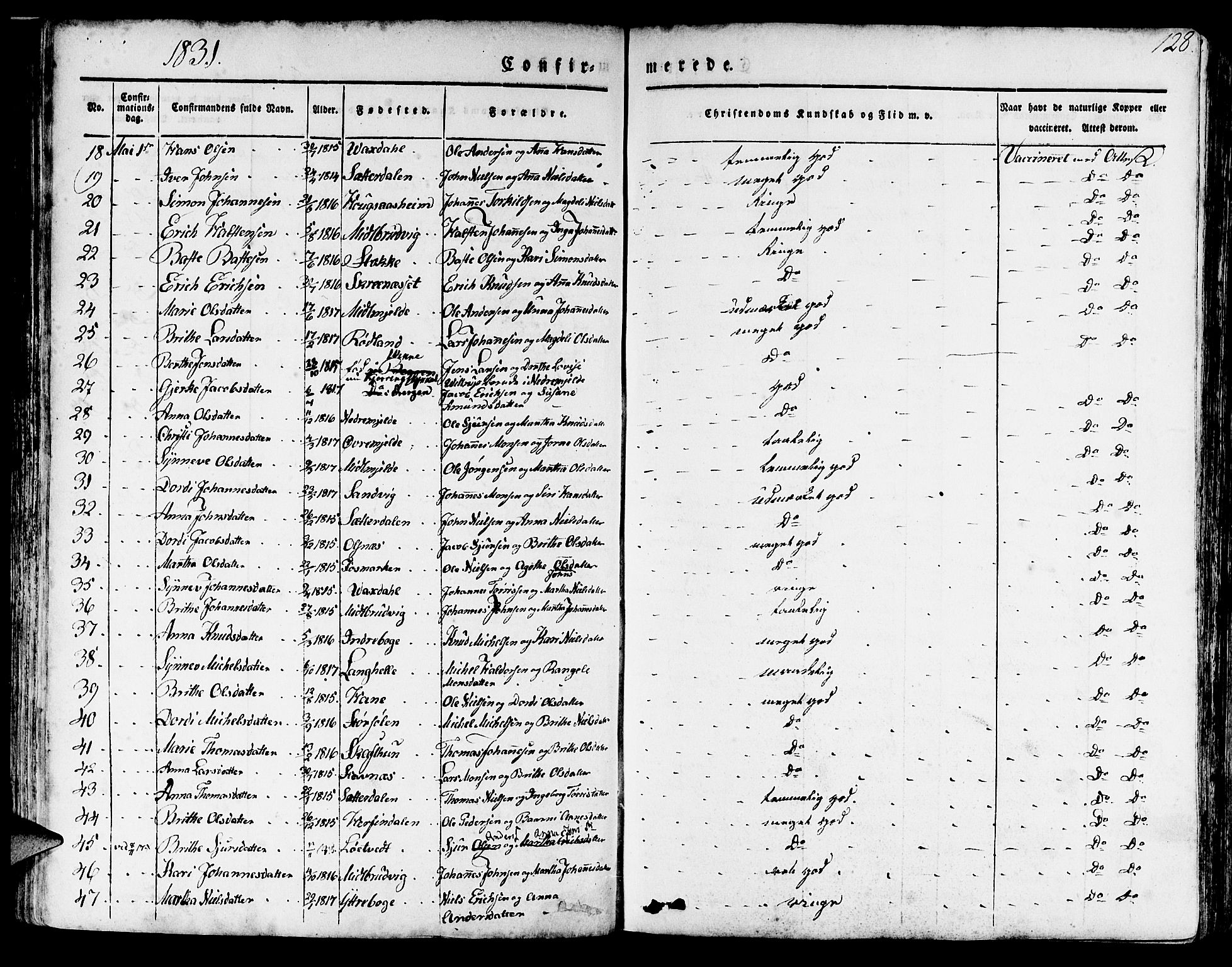 Haus sokneprestembete, AV/SAB-A-75601/H/Haa: Parish register (official) no. A 14, 1827-1838, p. 128