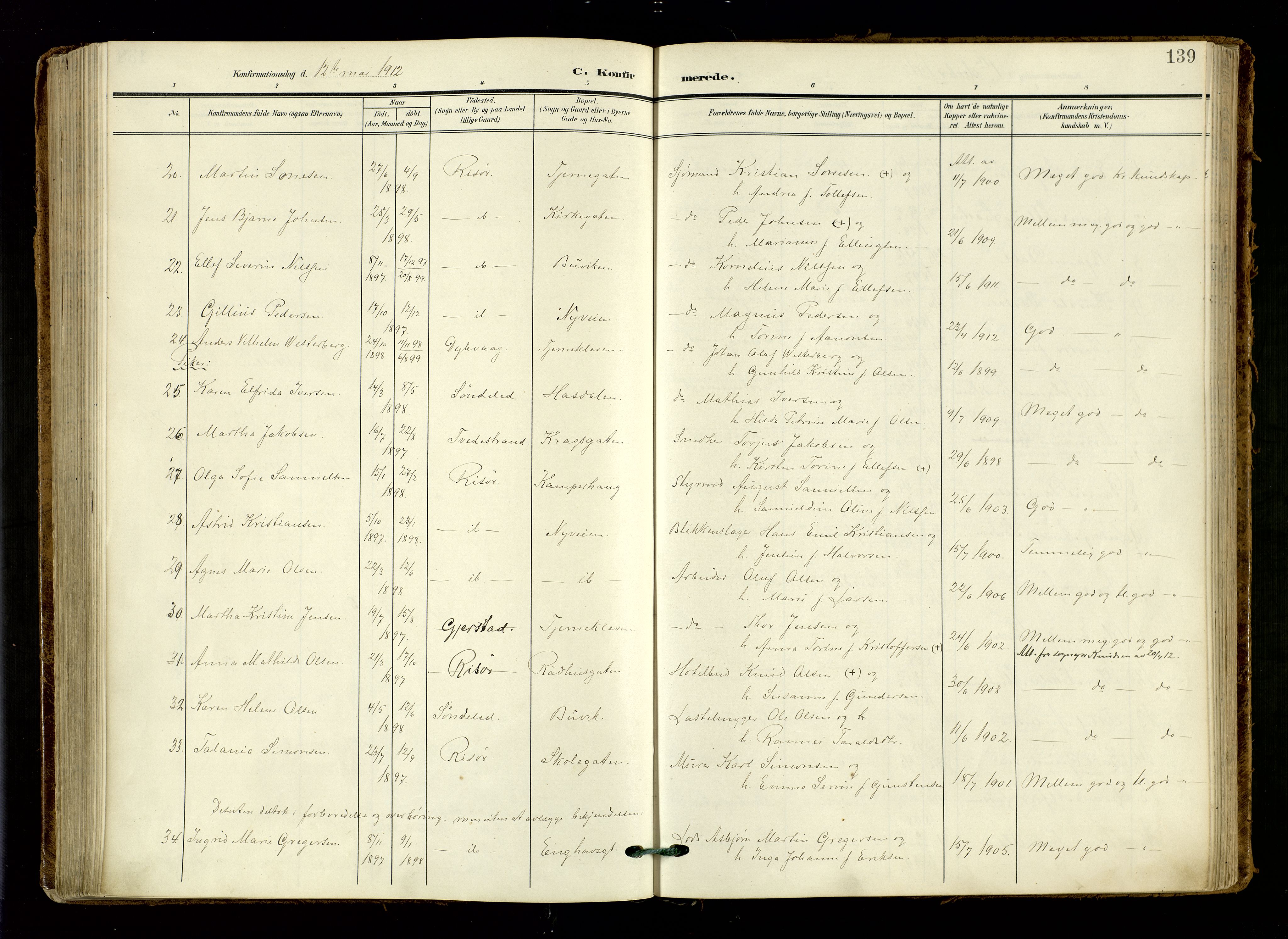 Risør sokneprestkontor, AV/SAK-1111-0035/F/Fa/L0011: Parish register (official) no. A 11, 1907-1920, p. 139