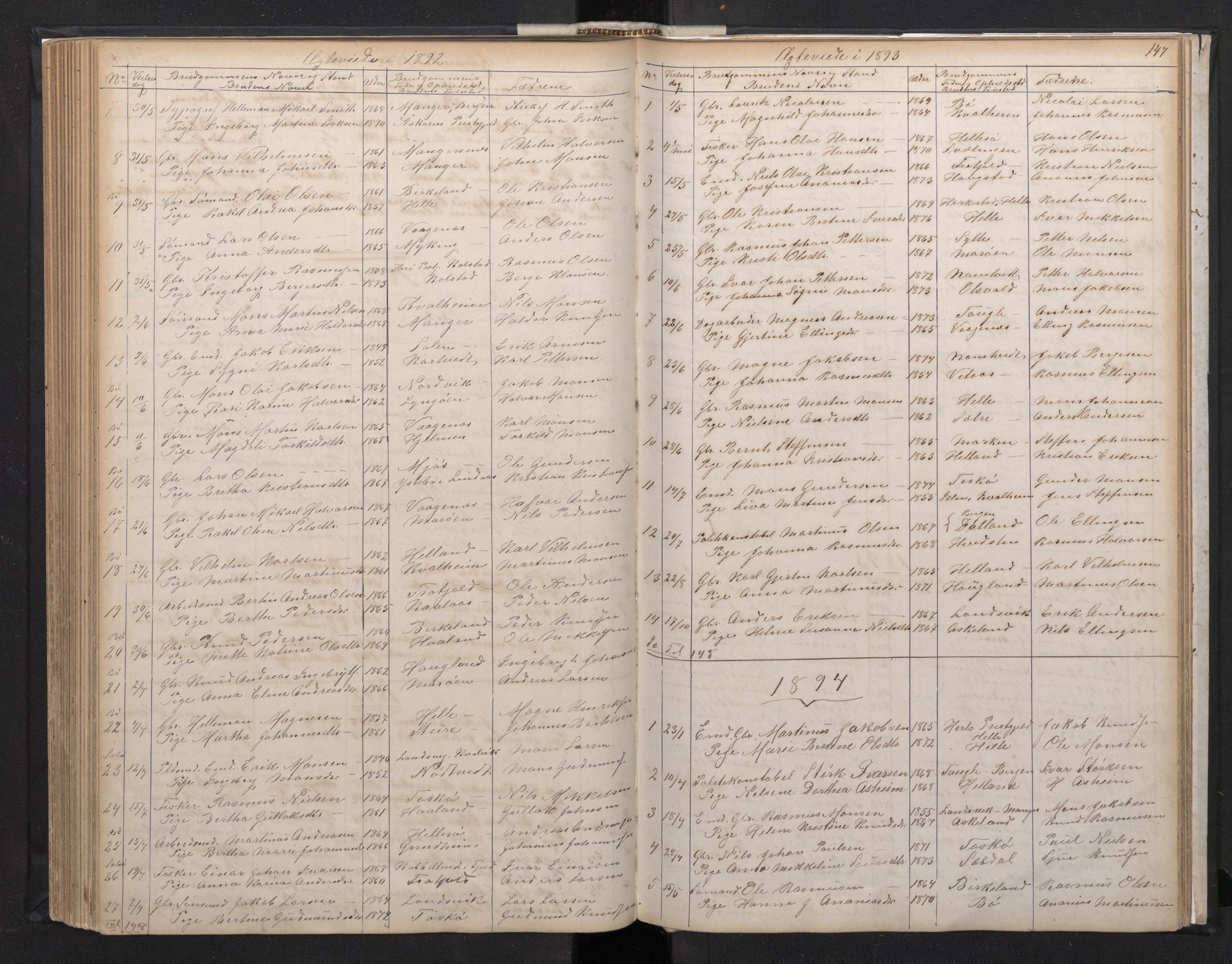 Manger sokneprestembete, AV/SAB-A-76801/H/Hab: Parish register (copy) no. A 1, 1874-1901, p. 146b-147a
