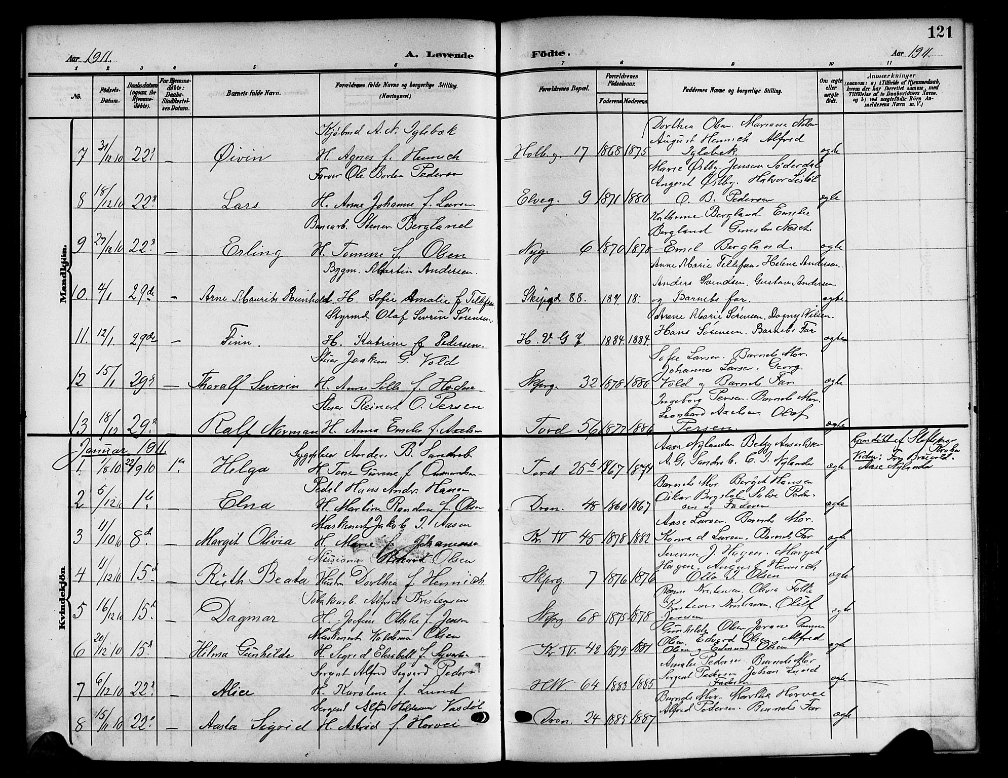 Kristiansand domprosti, SAK/1112-0006/F/Fb/L0019: Parish register (copy) no. B 19, 1905-1914, p. 121