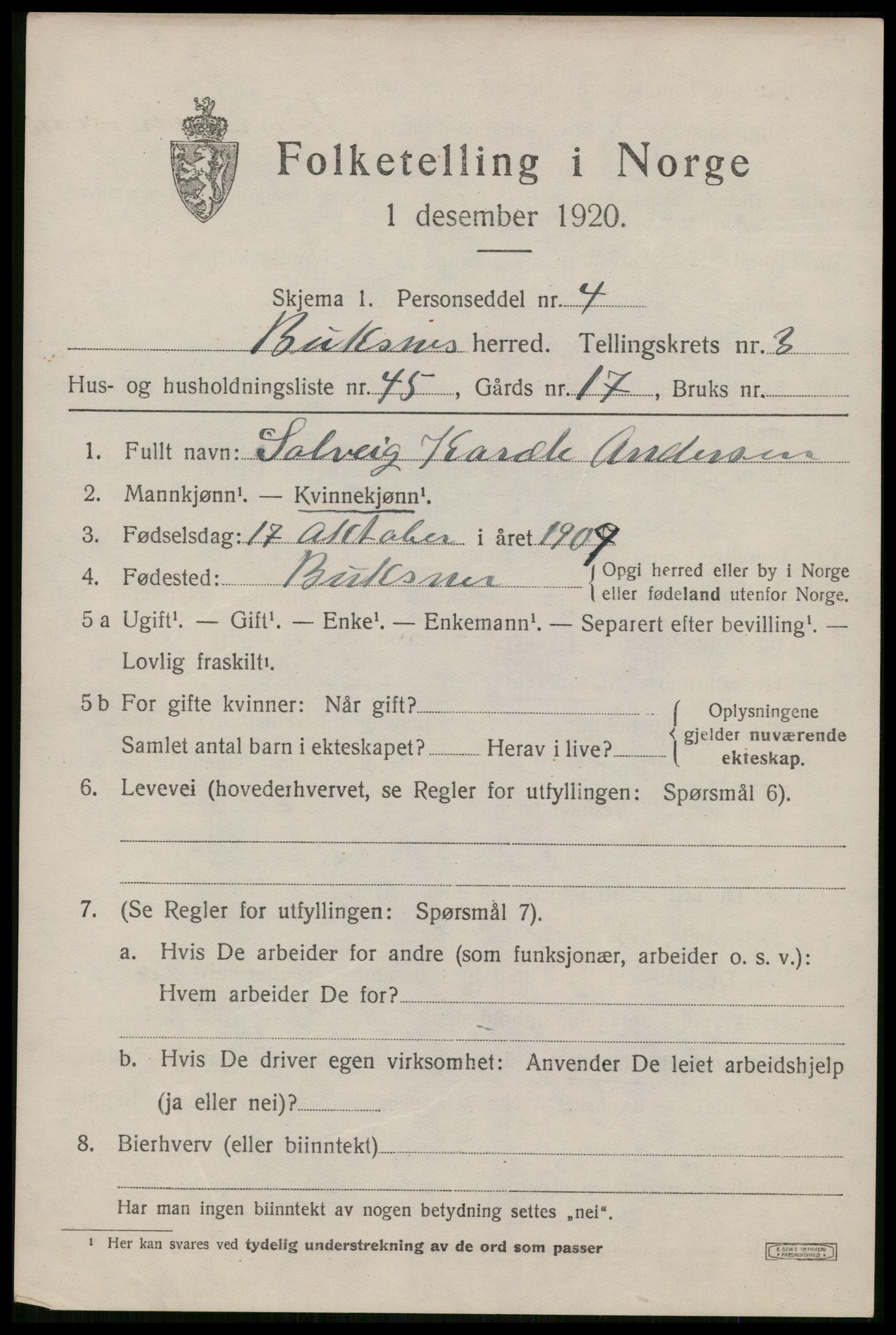 SAT, 1920 census for Buksnes, 1920, p. 3923