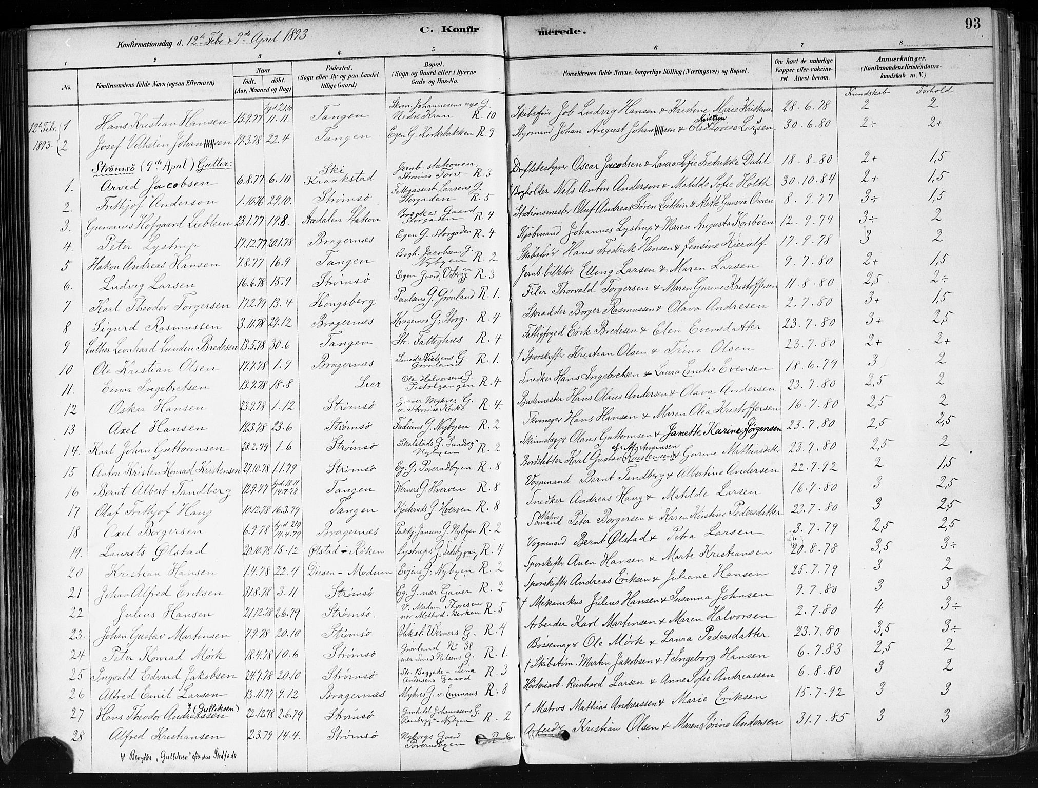 Strømsø kirkebøker, AV/SAKO-A-246/F/Fa/L0022: Parish register (official) no. I 22, 1879-1899, p. 93