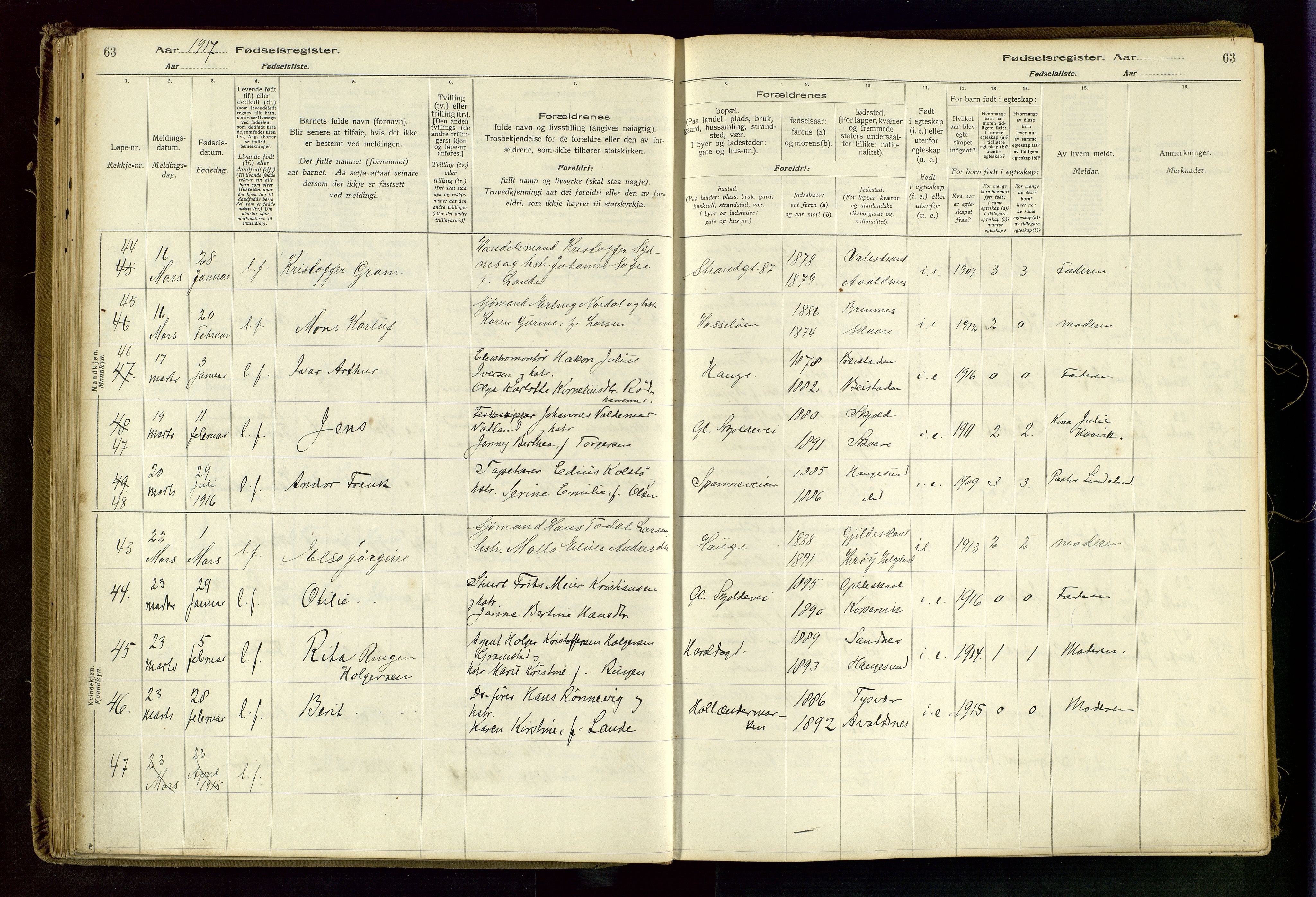 Haugesund sokneprestkontor, AV/SAST-A -101863/I/Id/L0003: Birth register no. 1, 1916-1919, p. 63