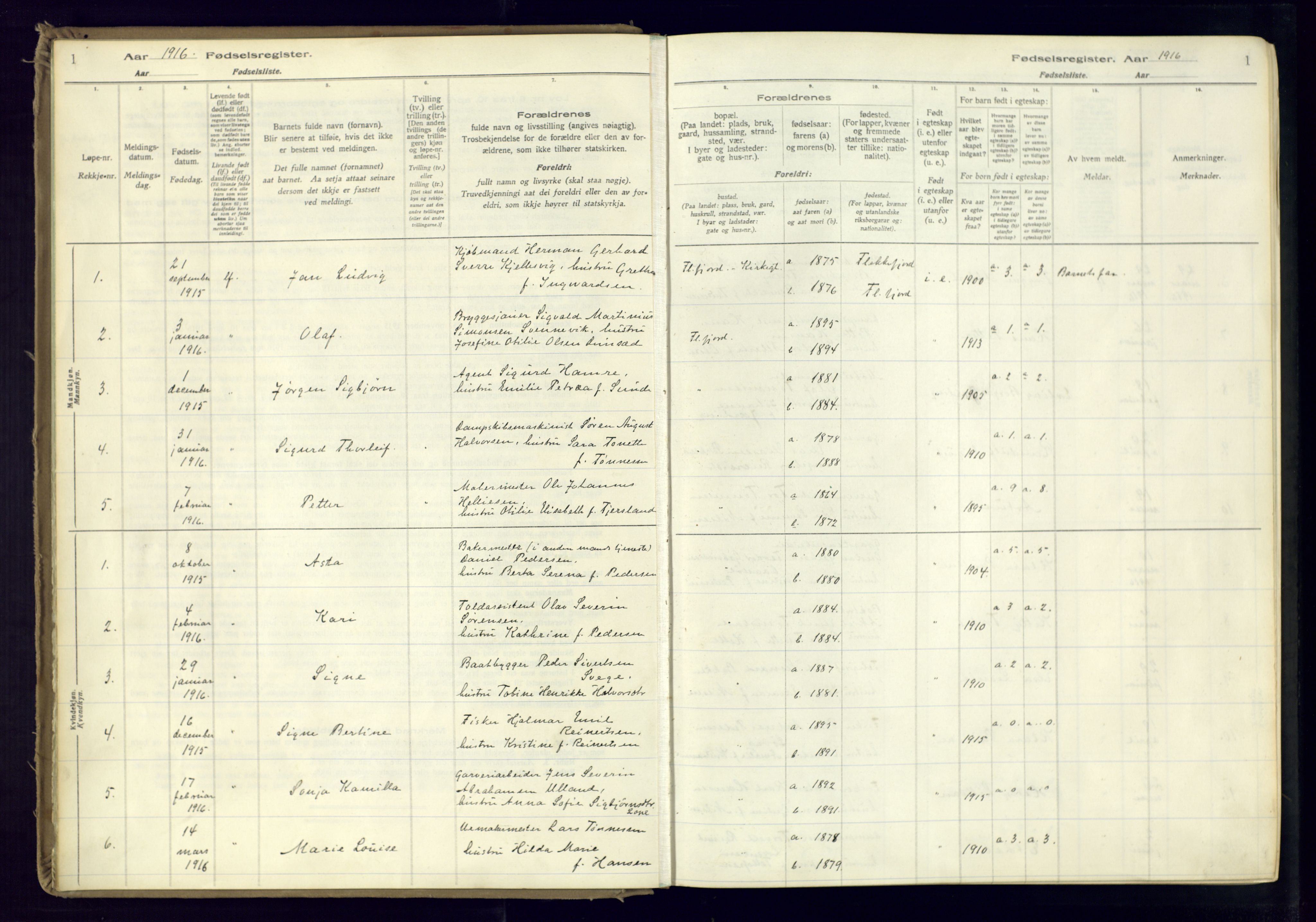 Flekkefjord sokneprestkontor, SAK/1111-0012/J/Ja/L0001: Birth register no. 1, 1916-1948, p. 1